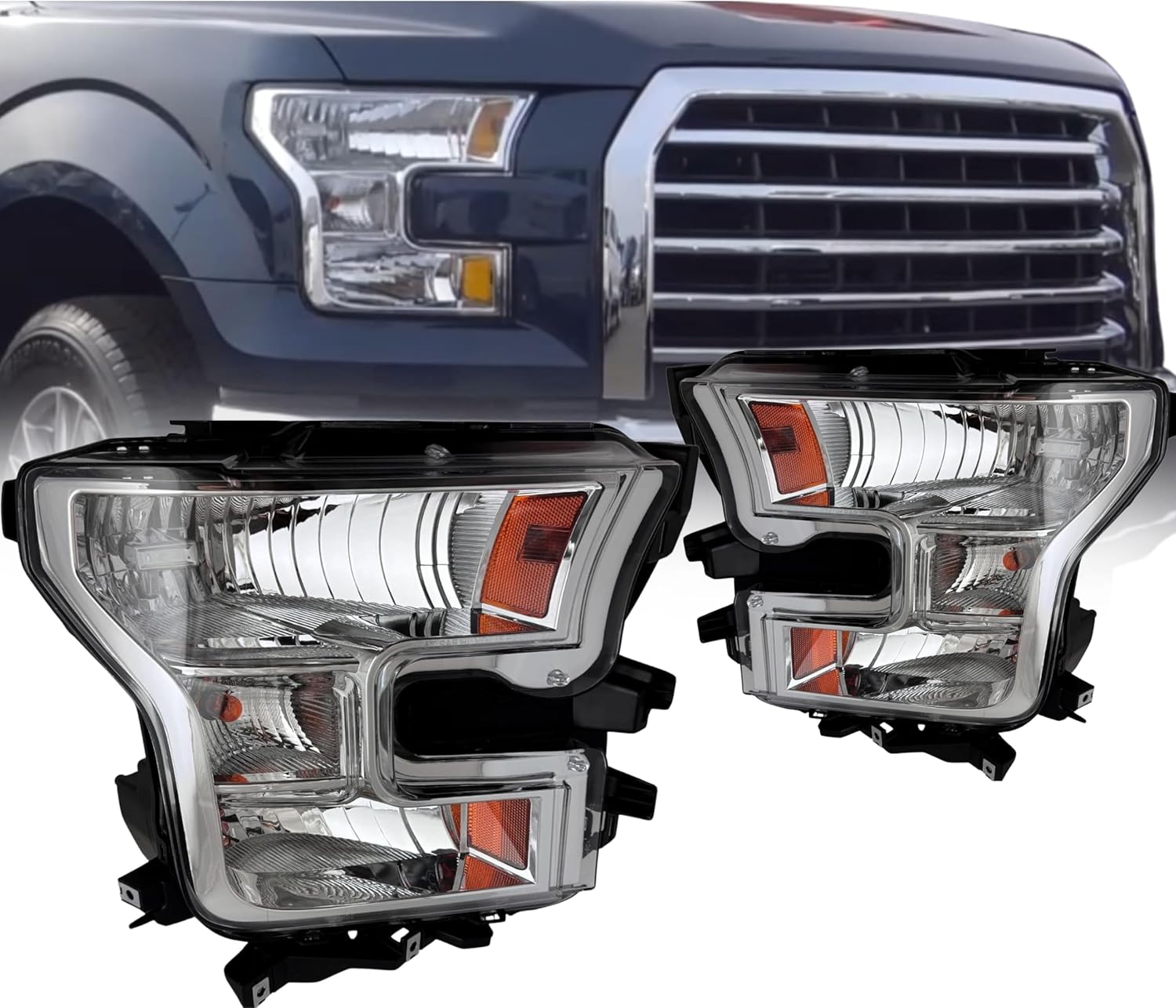 Headlamp Replacement For Ford F-150 2015-2017 DOT/SAE Compliant, Halogen Headlight Assembly Set without Bulb, Left & Right Side PAIR, FL3Z-13008-A / FL3Z-13008-B, FO2502335 / FO2503335, Chrome