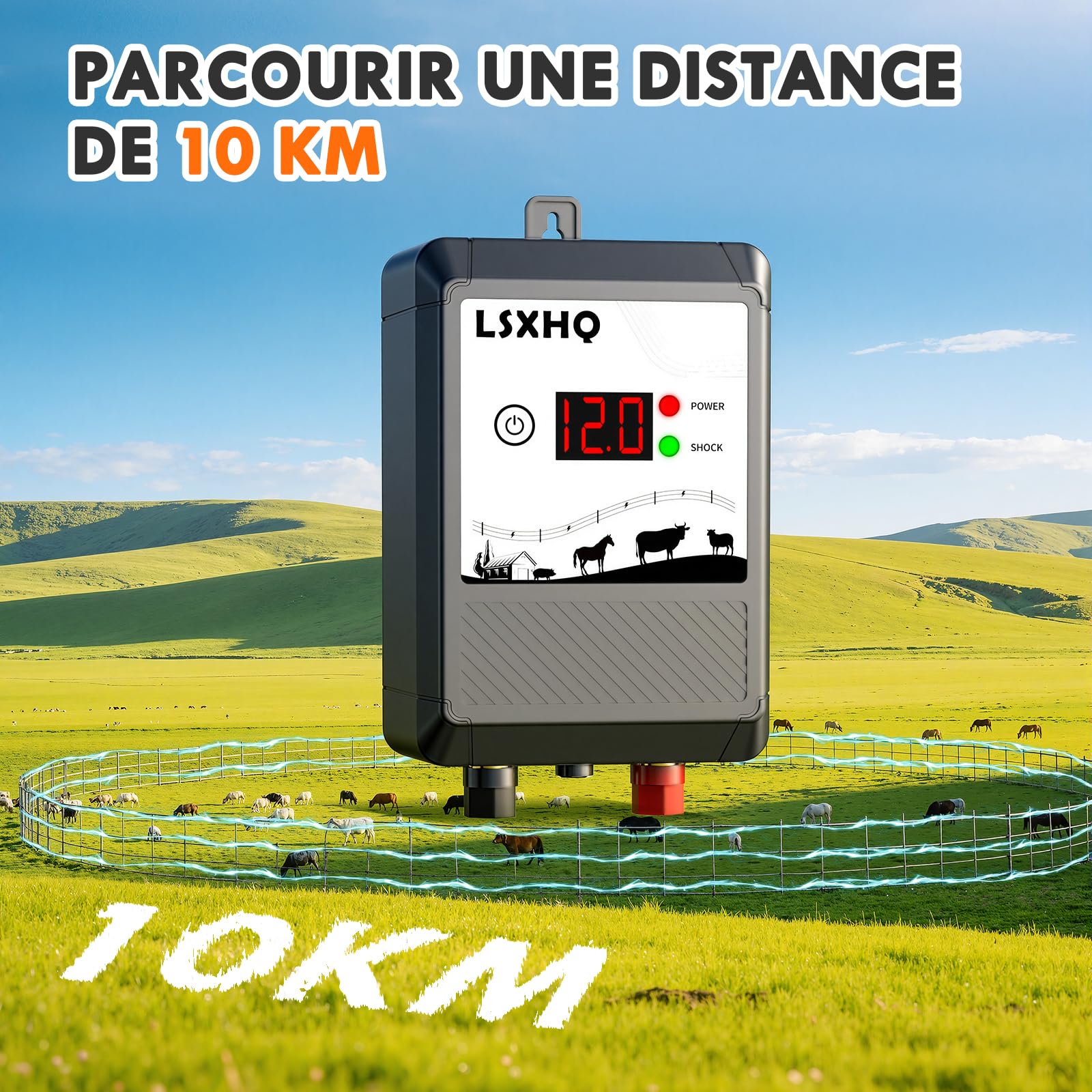 Clôture Électrique 10 km Pour Bétail Et Animaux, Électrificateur 12 kV 2.0 J Avec Câble De Clôture 200 m & 50 Isolateurs Annulaires, Protection Pour Jardin, Pâturage Et Ferme (Kit Noir)
