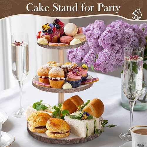 Miniatura 5 de Ayfjovs Soporte redondo de madera para cupcakes de 3 niveles, soporte de madera para tartas, rebanadas de madera desmontable, soporte para cupcakes