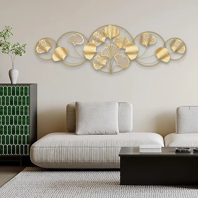 Grote Muur Wanddecoratie Woonkamer: QHENS Ginkgo Gold 3D Metaal Decoratie 128x43 cm