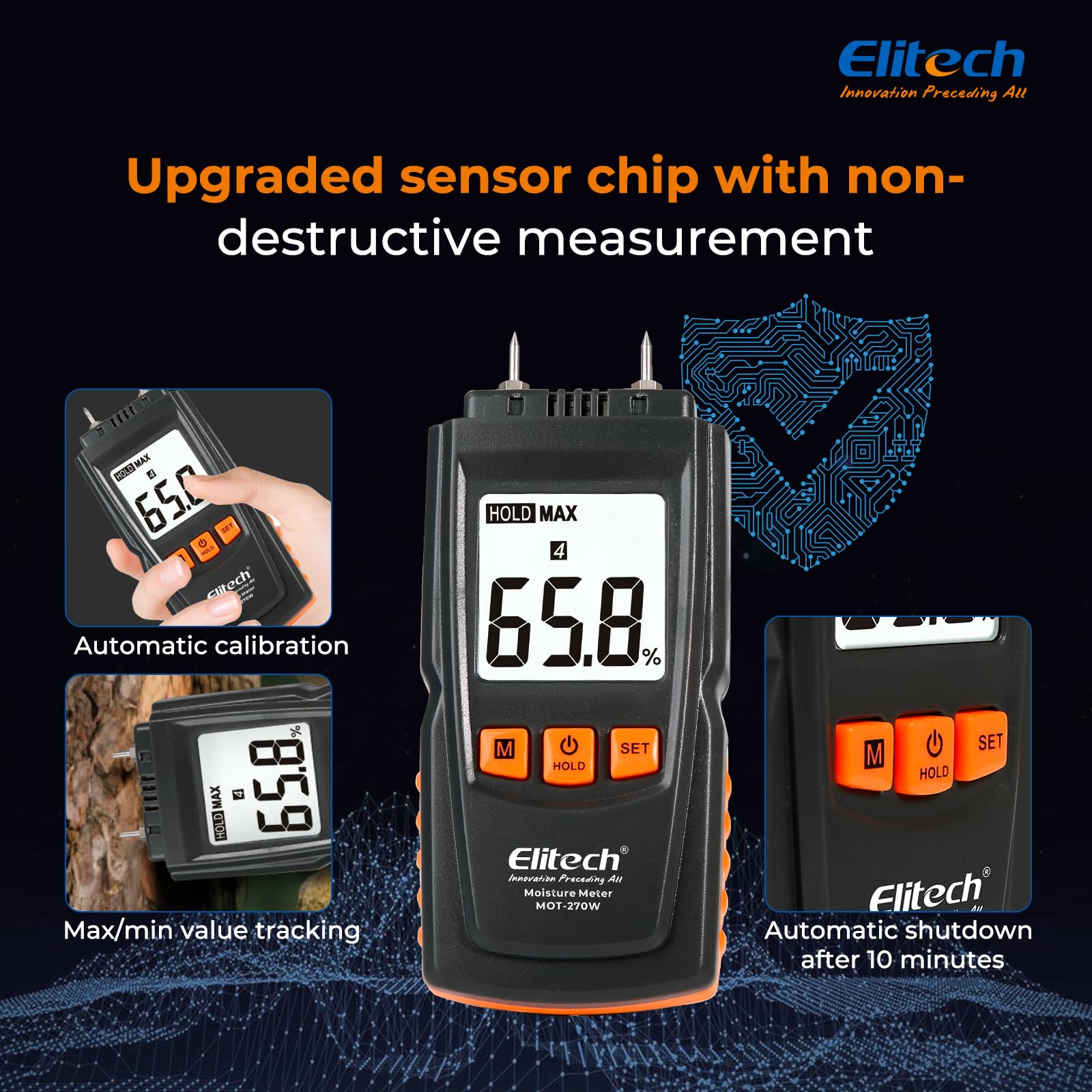 Elitech Digital Moisture Meter Water Leak Detector with Pin Probes, Moisture Tester for Wood Floors Walls with 4 Wood & Material Modes, Hold Function, Max/Min Reading MOT-270W — Amazon image 6