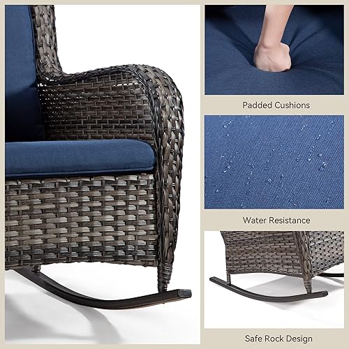 Miniatura 5 de Mecedora de mimbre para patio al aire libre, muebles de mimbre para todo tipo de clima con marco de acero de aleación y cojín de tela de olefina,