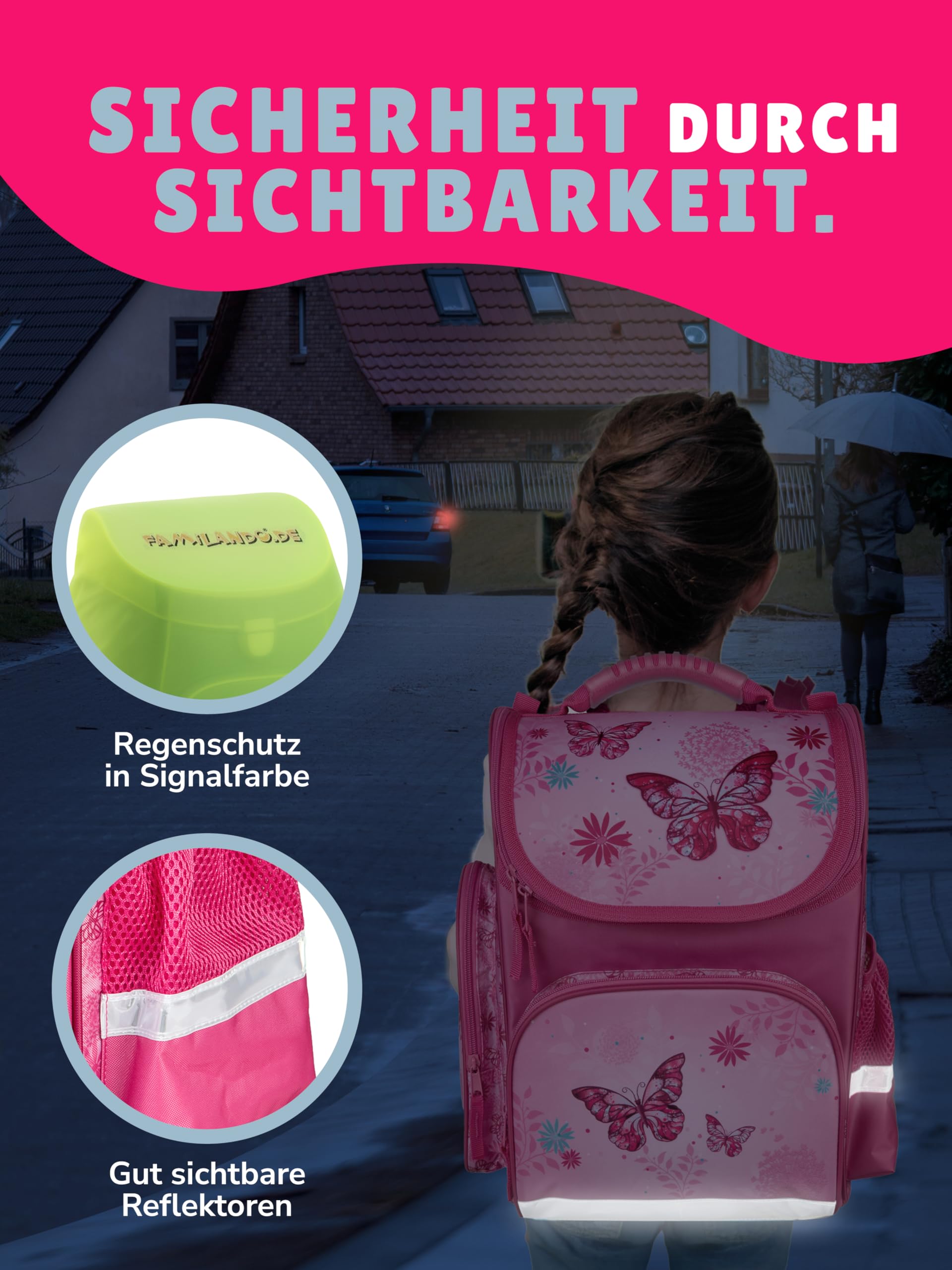 Familando - Schulranzen Set CLOU - 9-teilig mit Sporttasche - Schmetterlinge - Ergonomisch, Stabil & mit gepolstertem Rücken - 930g leicht - 15L Volumen - Mit Reflektoren - ab 1. Klasse