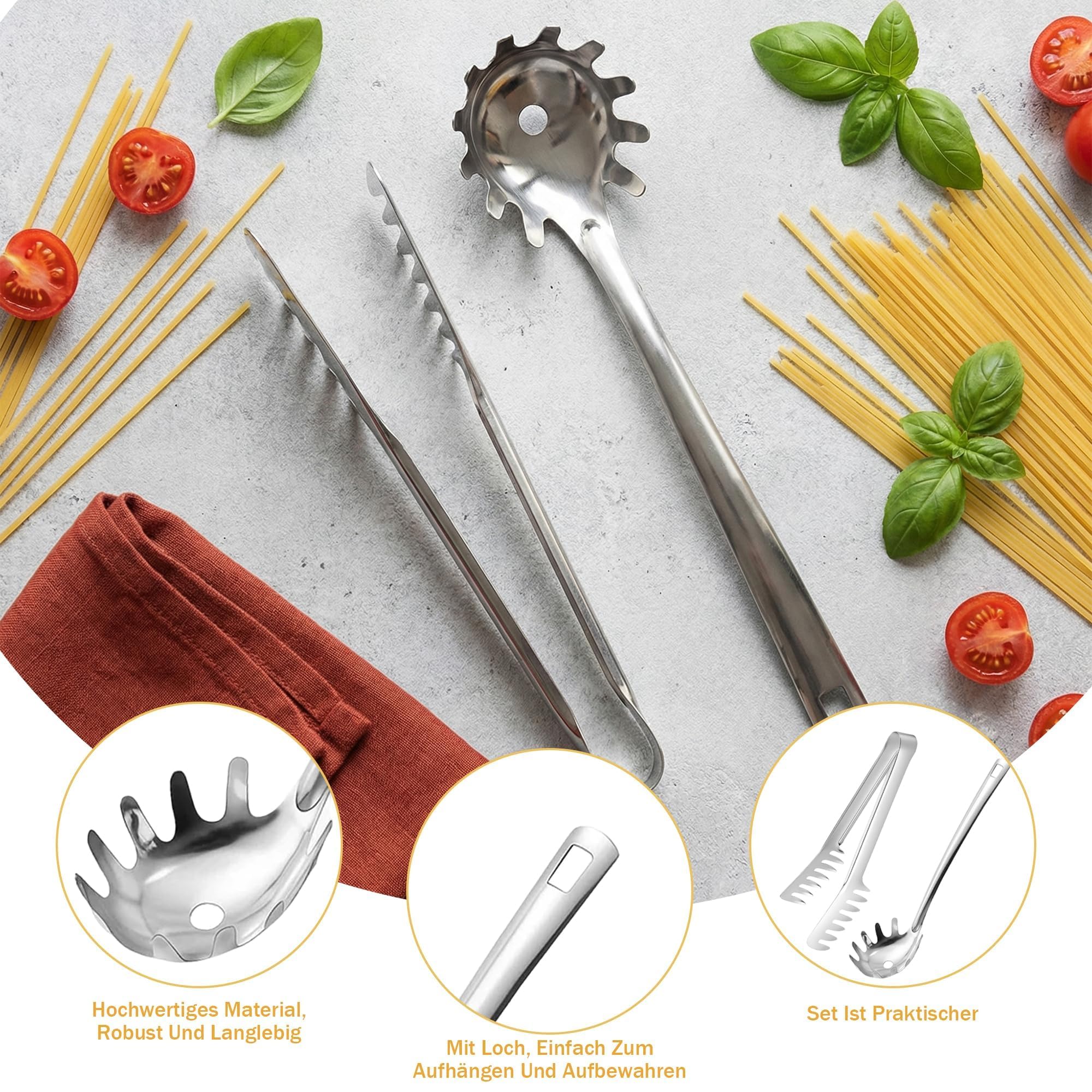 Yootiko Juego de 2 cubiertos para pasta de acero inoxidable, pinzas para pasta y cuchara, utensilios de cocina ergonómicos, inoxidables y duraderos, para pasta, ensaladas y verduras