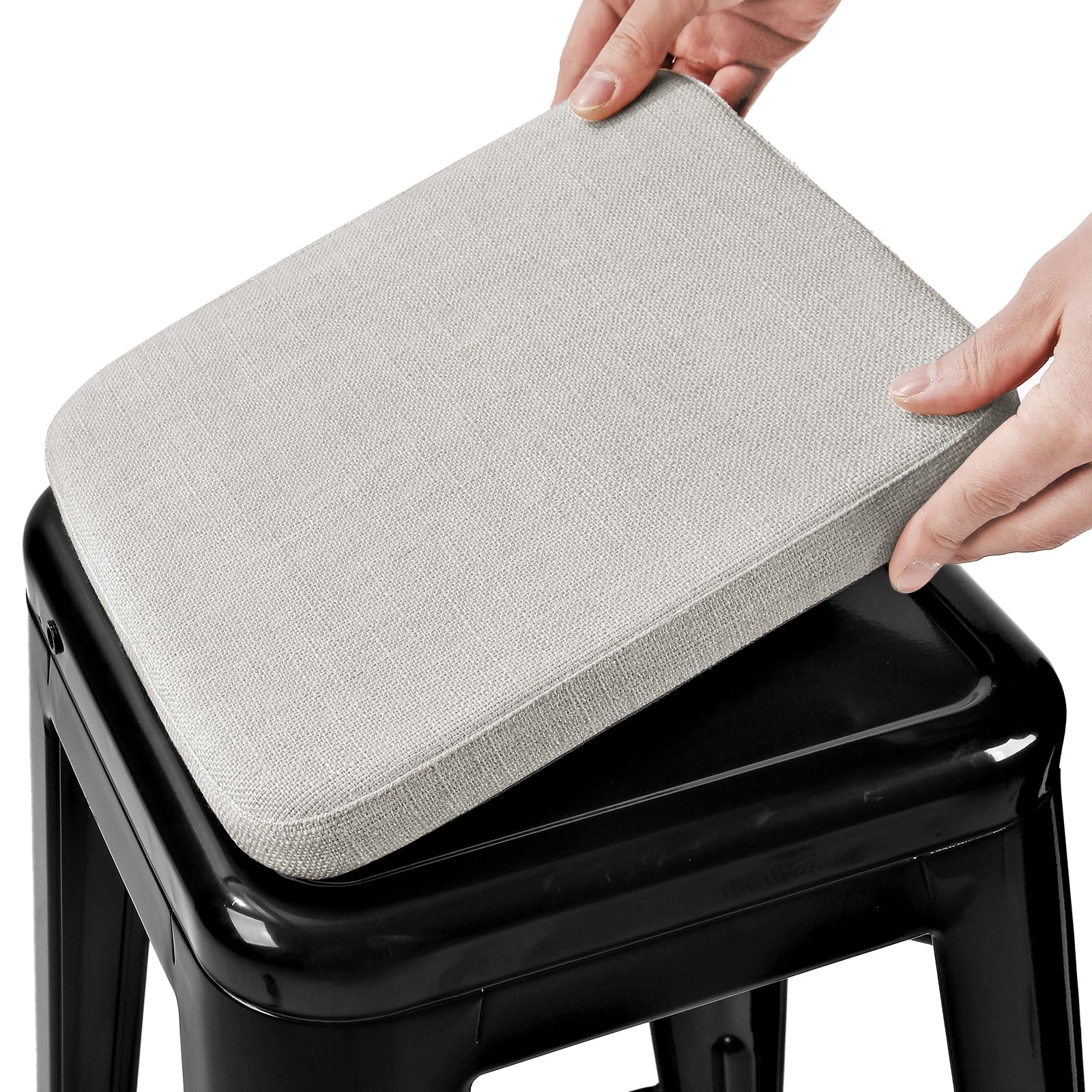 BUYUE Friendly Woven Fabric Magnetic Bar Stool Cushion 1 Piece, Enhanced Anti-Slip Breathable Small Chair Seat Pad for Café Bistro Stackable Metal Stool (Square, Light Grey, 1)