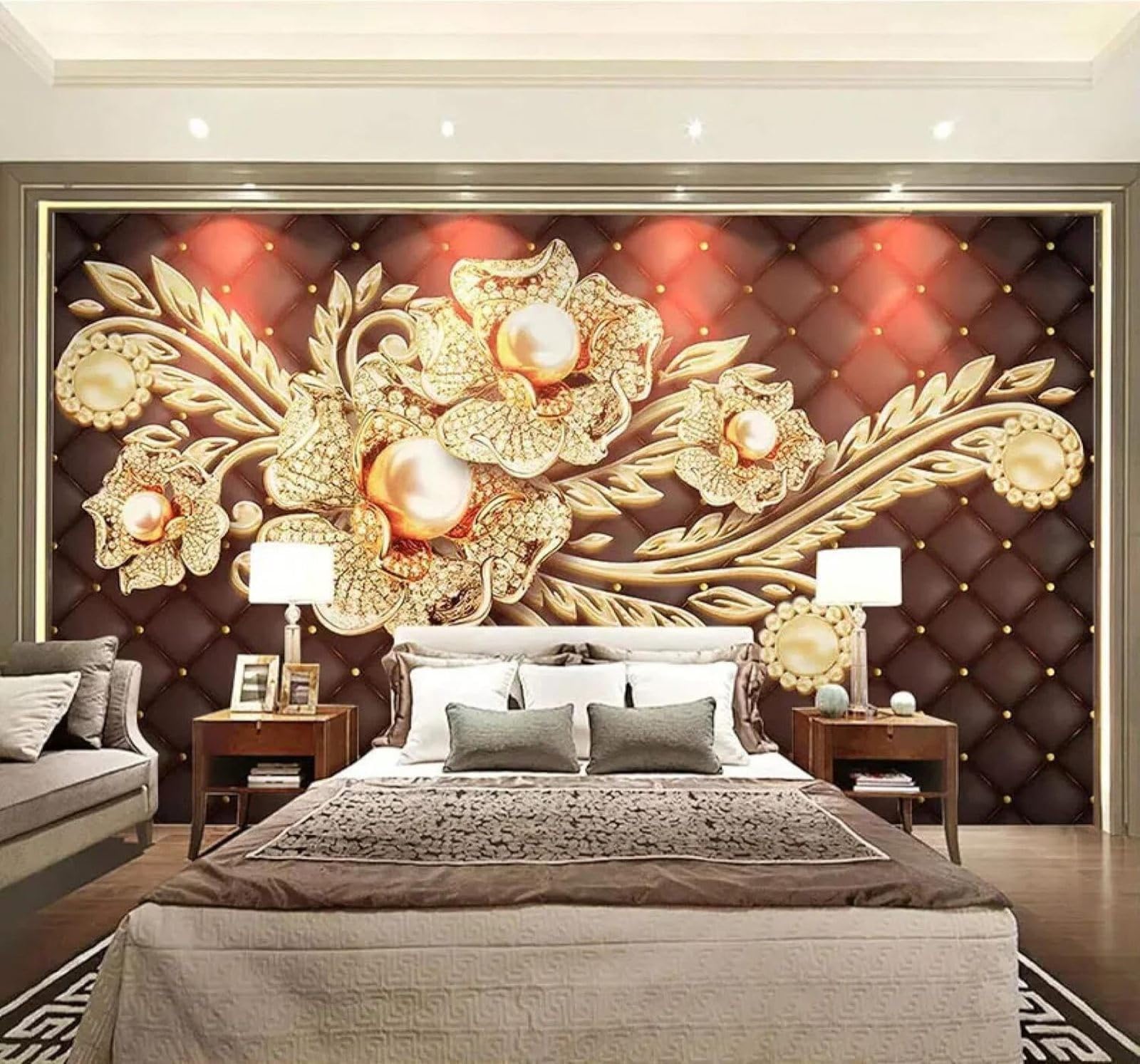 Tzxztt Creative Black Upholstered Jewellery Floral Modern 3D Wallpaper Premium Textured Silk Neutral Tones Material Ideal for Living Room Bedroom-200cm×140cm