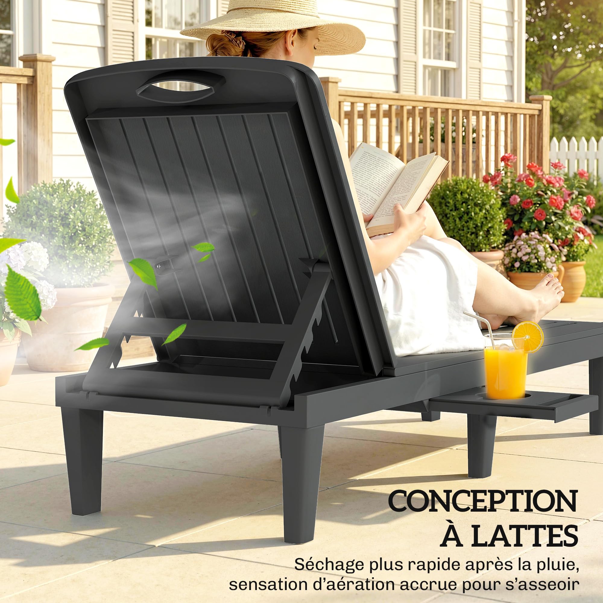 Outsunny Lot de 2 Chaises Longues de Jardin en PP avec Plateau Latéral Gris