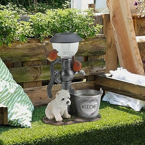 Miniatura 2 de Estatuas de jardín de resina para cachorros y pájaros, estatuas al aire libre con luces solares, esculturas solares de jardín, pozos y cuencas