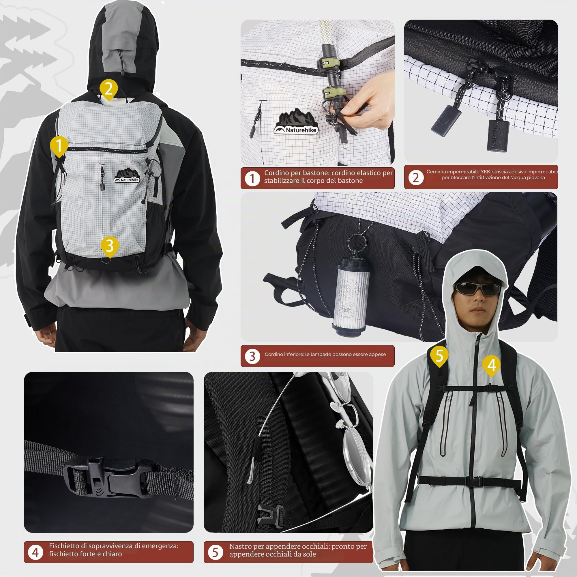 Naturehike Zaino da trekking impermeabile resistente ai graffi e all'usura traspirante ideale per campeggio escursioni viaggi all'aperto con scomparto per sacca idrica 25L in Bianco
