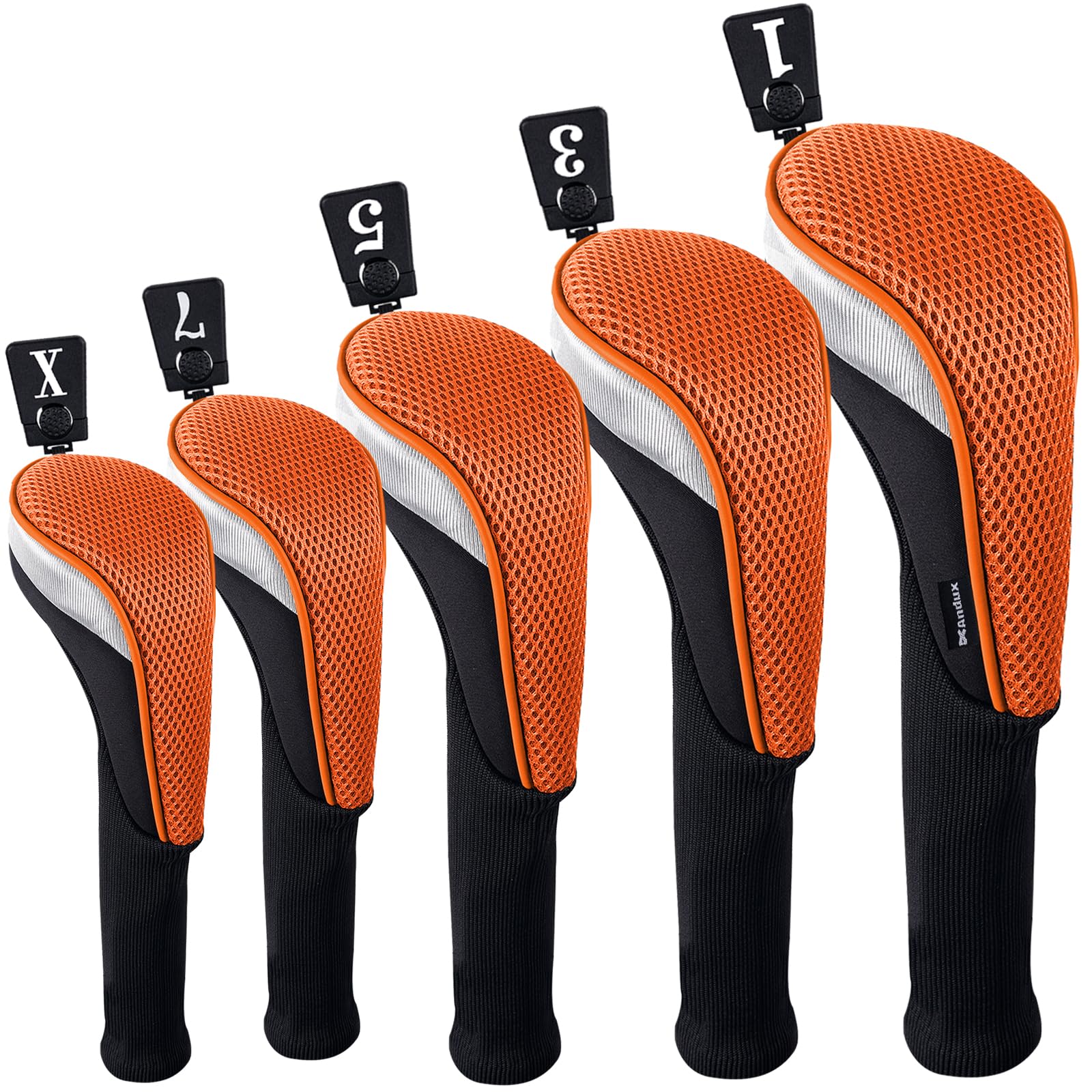 Andux Golfschlägerhauben für Golfschläger 460 cc, Fairwayholz, Langer Hals, Schwarz/Orange, 5 Stück