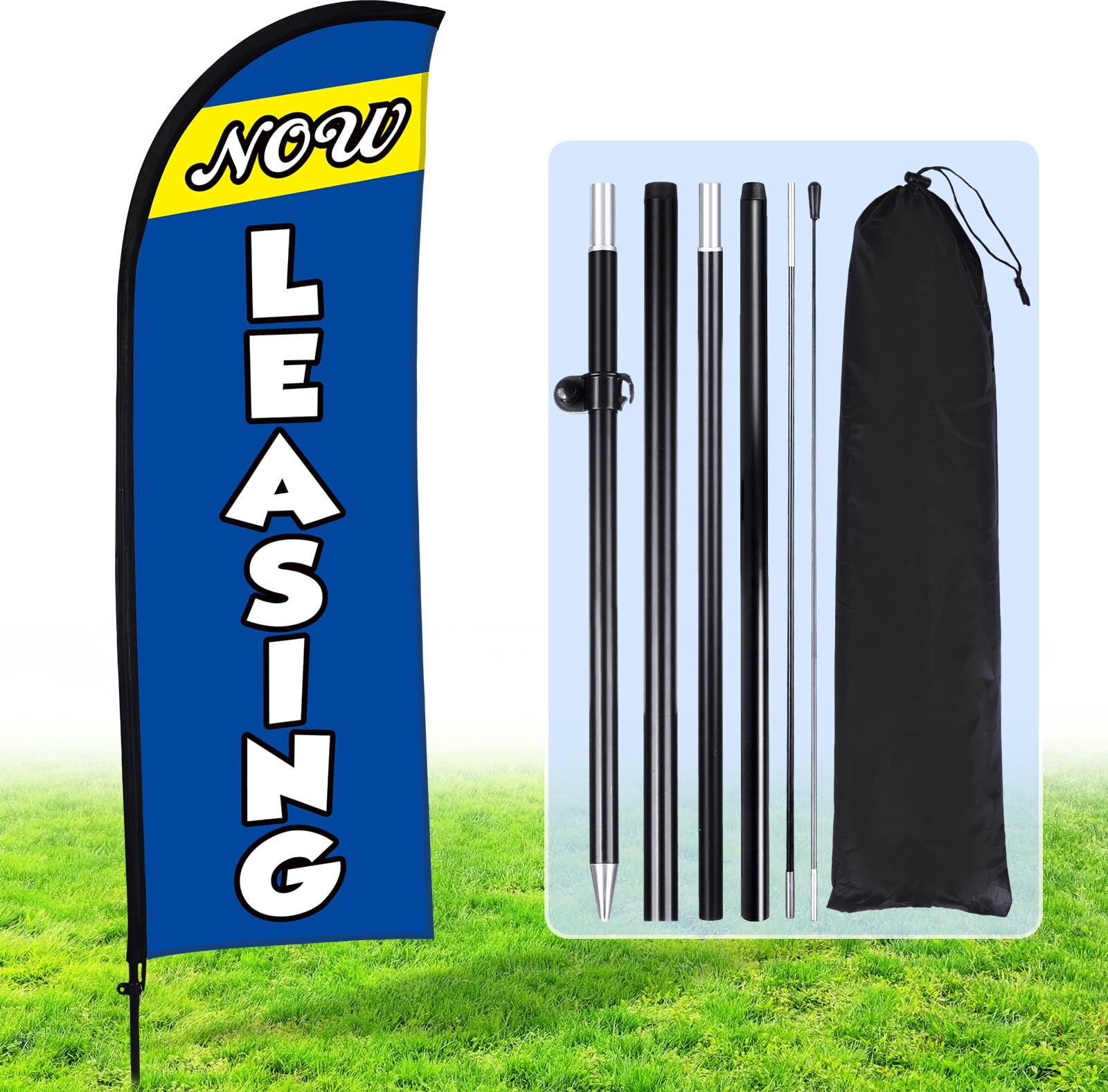 Buryeah Now Leasing Feather Flag Pole Kit 7ft Now Leasing Banner Sign with Flag Pole Kit and Ground Stake and Portable Bag for Real Estate Advertising