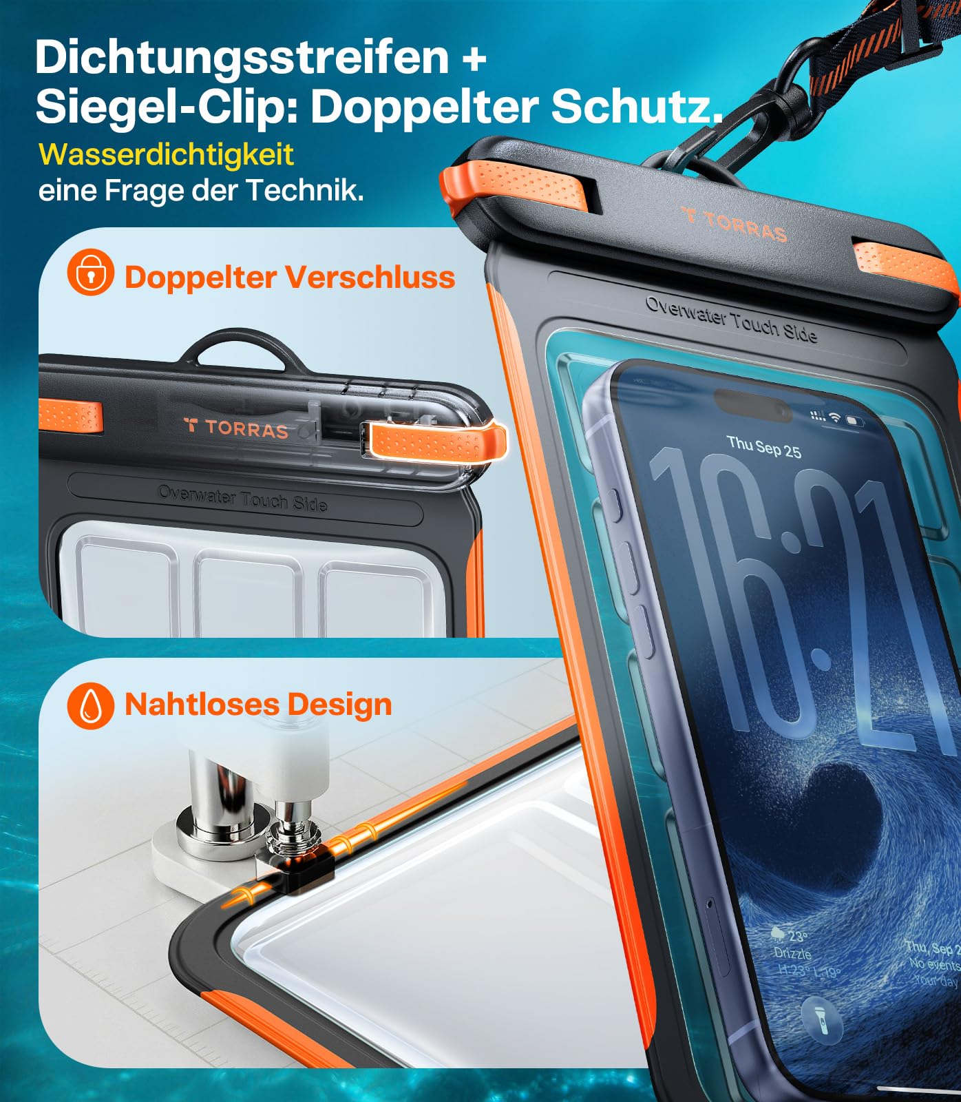 TORRAS Modell 2026 IPX8 Wasserdicht-Experte wasserdichte Handyhülle, [Touch-sensitiv unter Wasser], schwimmend, 100% Wasserdicht, für Strand, Schnorcheln, Schwimmen und Wassersport, 7.9", Schwarz