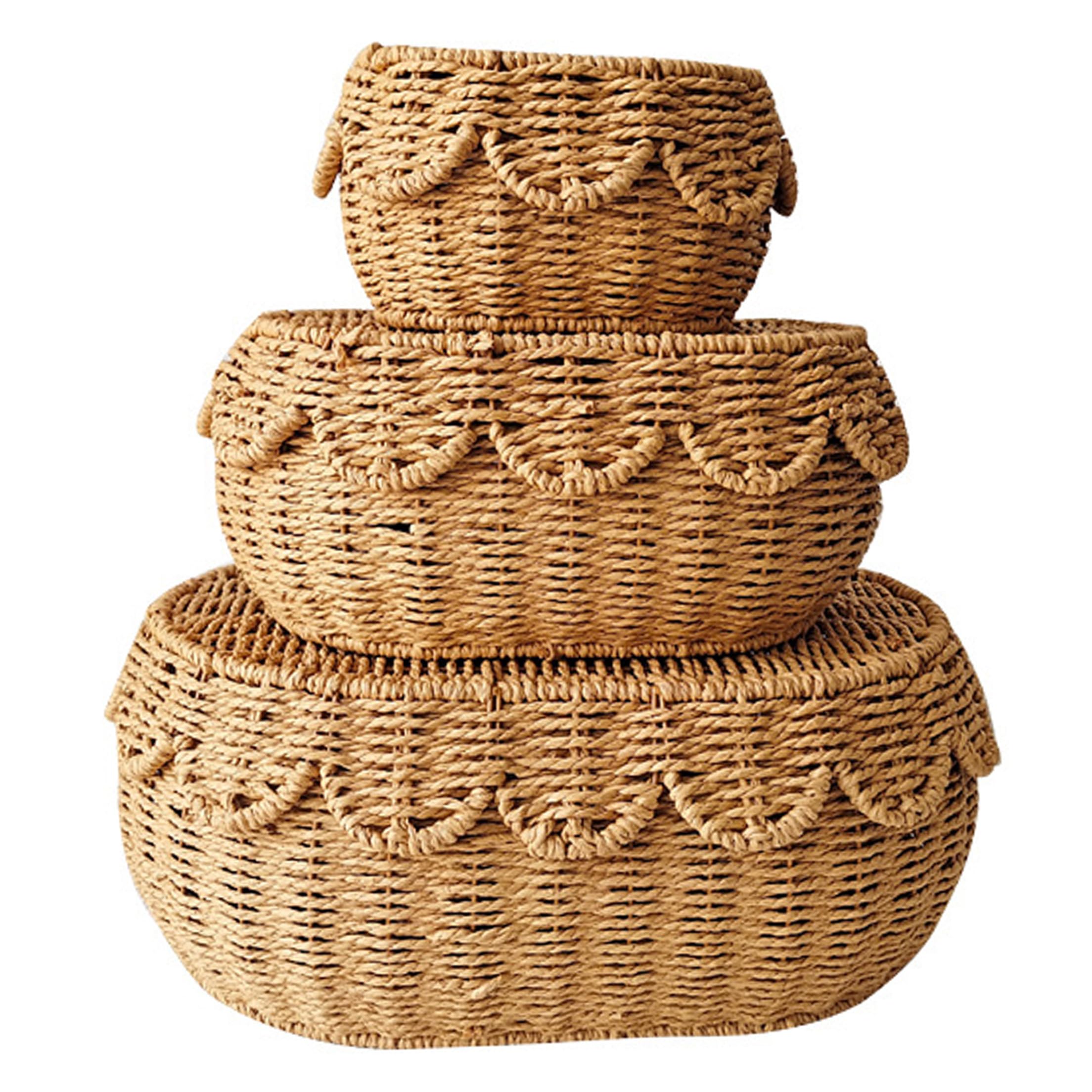 Ameble 3PCS Hand-Woven Natural Wicker Scalloped Baskets with Lids, 3 Sizes, Storage Baskets for Bathroom, Nursery, Shelves, Rustic Farmhouse Decor