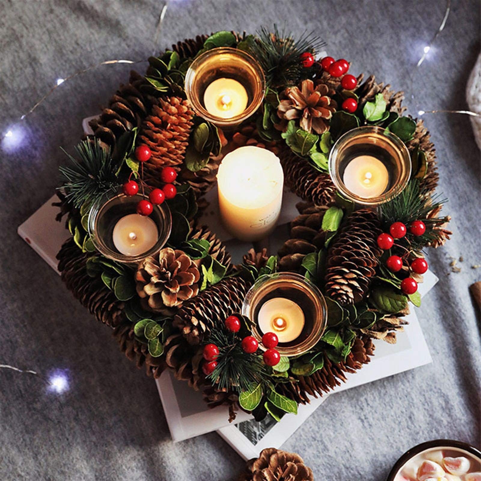 Wieniec bożonarodzeniowy Wystrój rustykalny Wianek Domowy świecznik Świąteczna ozdoba na środek stołu Wystrój stołu Natal Świeca świąteczna Pierścień Dekoracja zimowa Wień, wieniec bożonarodzeniowy