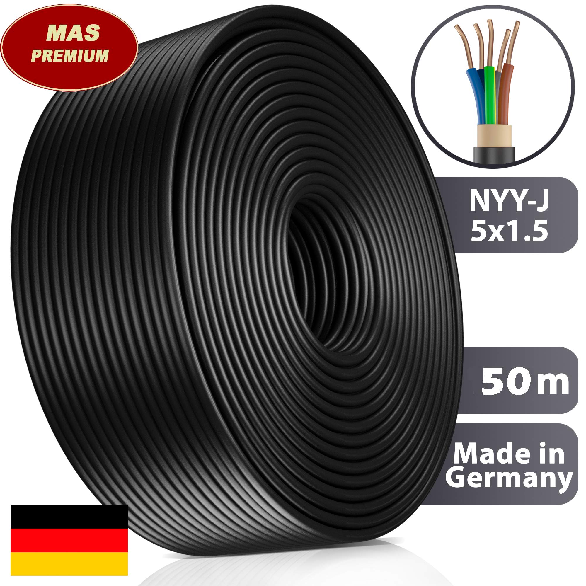 Câble d'alimentation de terre NYY-J, disponible en 5 à 100 m, 5 x 1,5 mm², électrique, avec anneau pour pose en extérieur, en sous-sol, 50 m