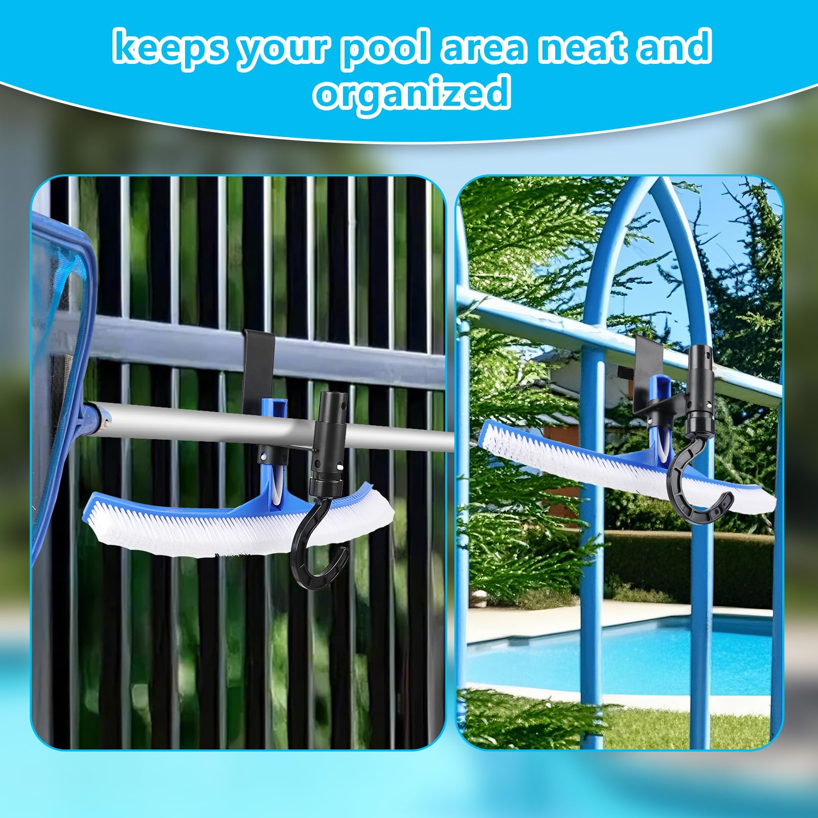 Lettry 2 ganchos para valla de piscina, organizador de herramientas de piscina, accesorio de limpieza de piscina, poste de piscina, cepillo, red de espumador de hojas, cabezal de vacío, adecuado para