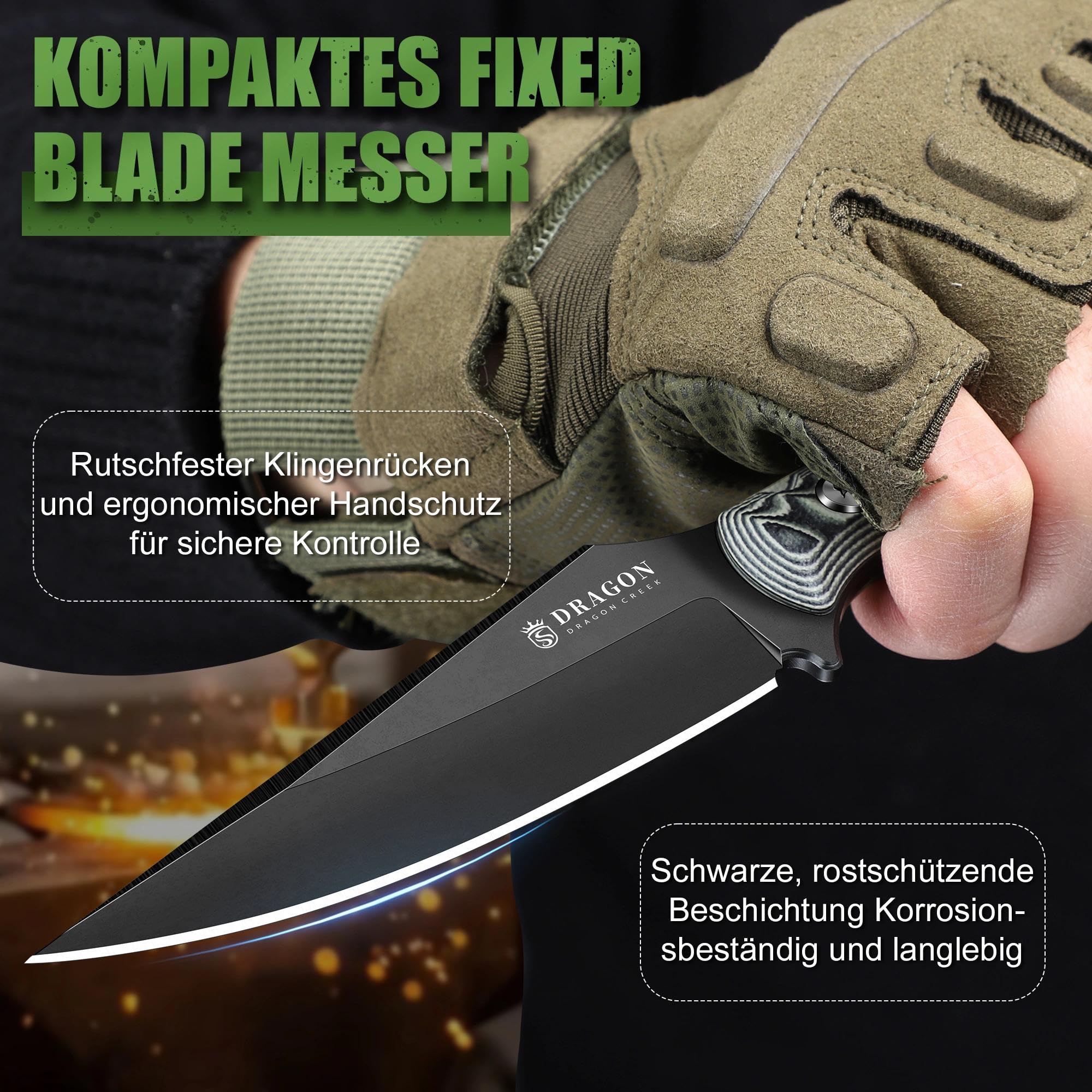 Dragon Creek Feststehendes EDC-Messer, ausgestattet mit Kydex-Scheide und Taschenclip Die einteilige Vollkonstruktion eignet sich für Outdoor, Camping, und Wandern(Grey)