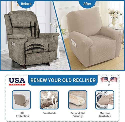 Vista 218 de XINEAGE Funda reclinable de 4 piezas de jacquard elástica con bolsillo, protector de silla reclinable lavable para niños, mascotas, perros y gatos