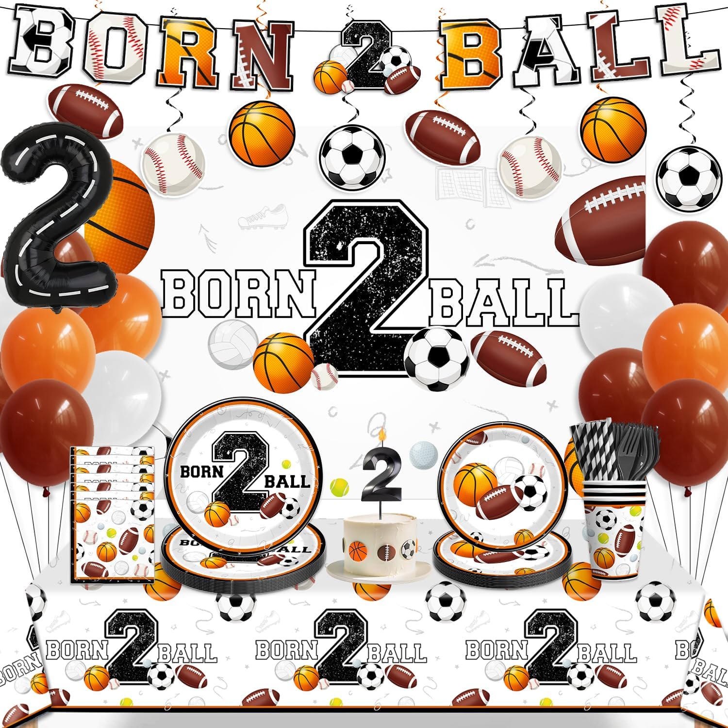 160 PCS Born 2 Ball Birthday Decorations, All-in-One Tableware Set Includes Backdrop, Balloon, Candle, Tablecloth, for Ball Themed 2nd Birthday Party Decorations, Serves 20