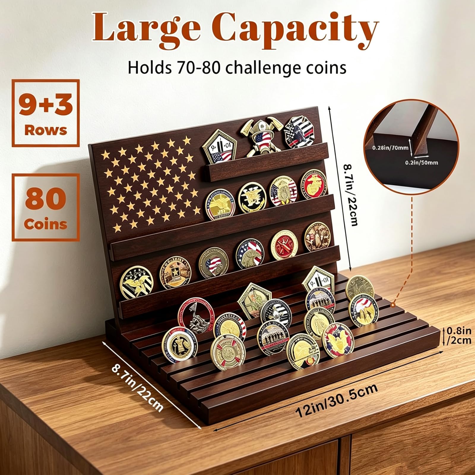 Challenge - Soporte Exhibición Militar para Monedas de Madera con Capacidad para 60-65 Monedas