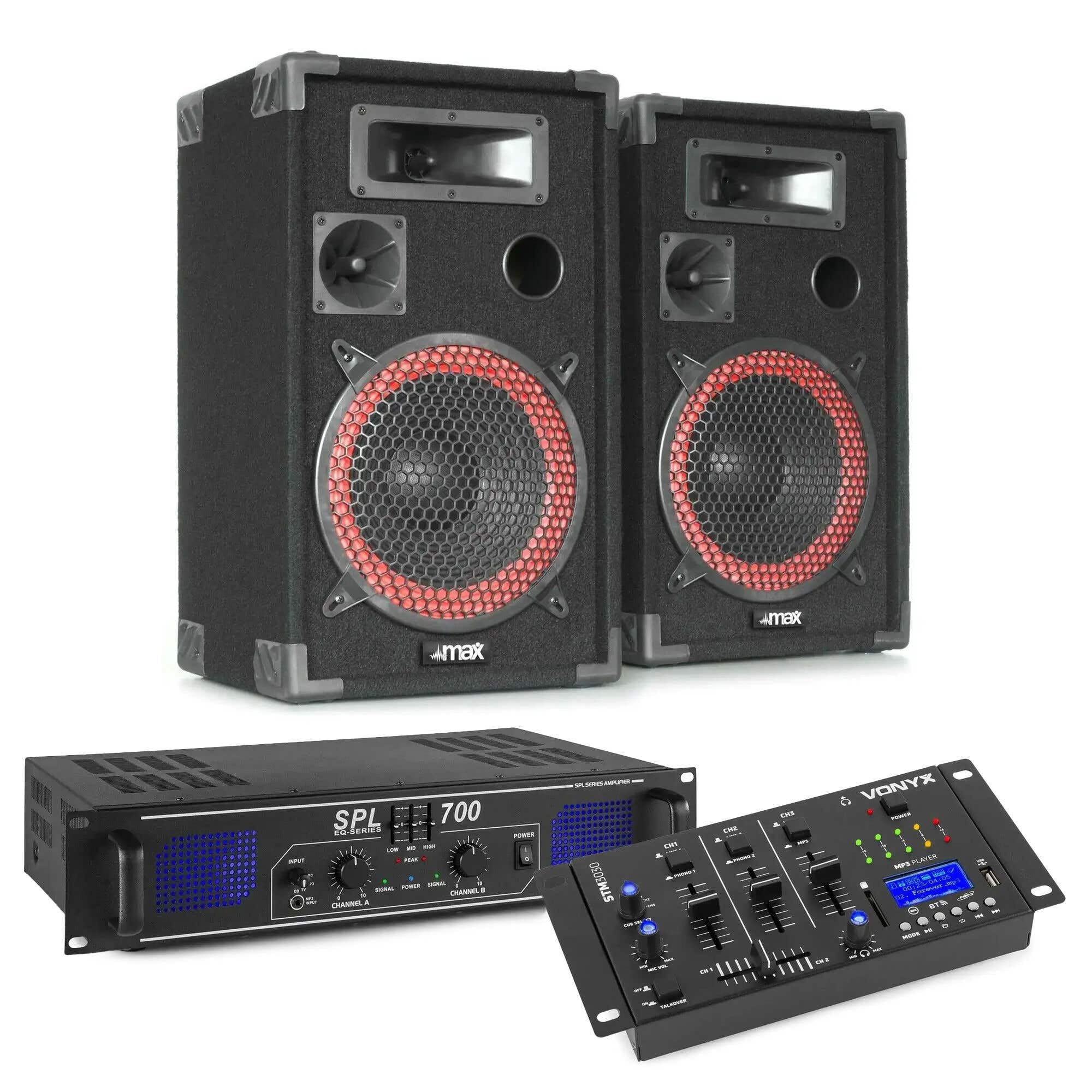 MAX XEN-3510 DJ Komplettanlage 700 Watt - 2X 10 3-Wege PA Lautsprecher Bluetooth inkl. Verstärker und 4-Kanal Mischpult mit Bluetooth USB SD Aufnahme, Bassreflex Boxen, Karaoke Party Set