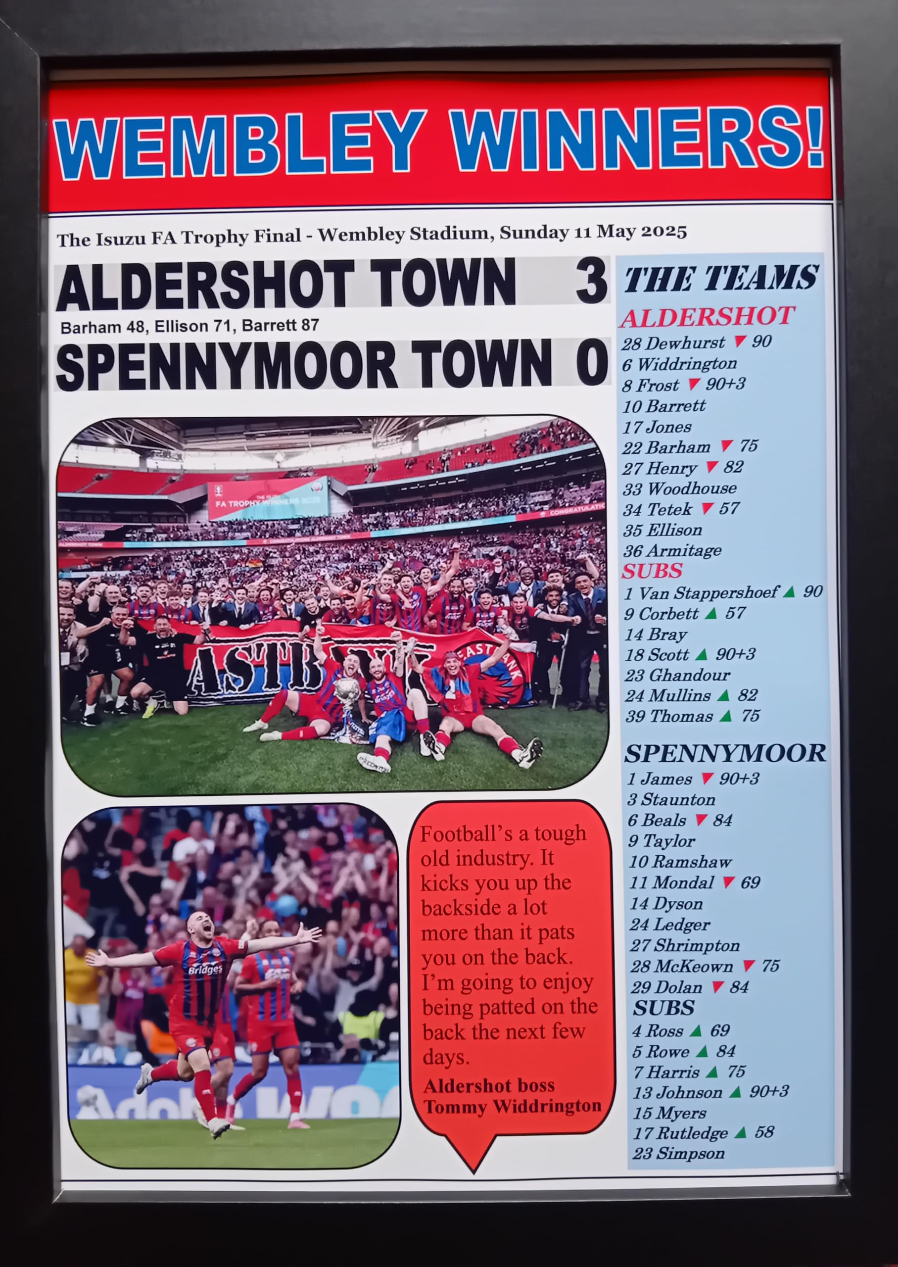 Assorted Multicoloured Aldershot Town 3 Spennymoor Town 0-2025 Fa Trophy Final - Framed Print