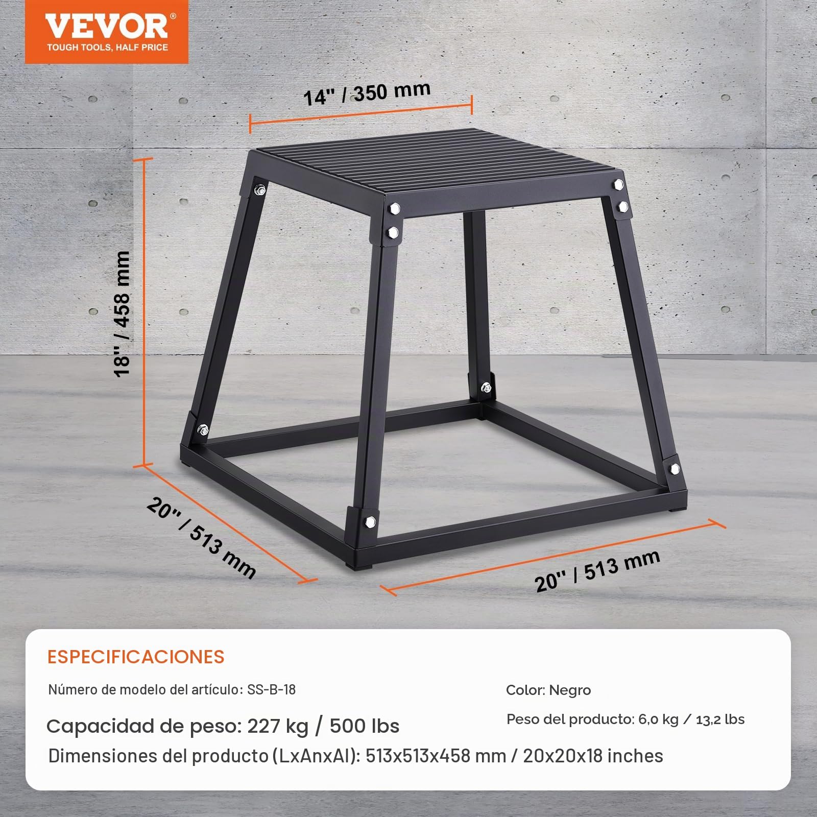 VEVOR Caja Pliométrica 458 mm Plataforma Pliométrica antideslizante Carga 227 kg Caja de Salto Culturismo Fitness Crossfit para Entrenamiento Pliométrico Flexiones Sentadillas Gimnasio Hogar, Negro