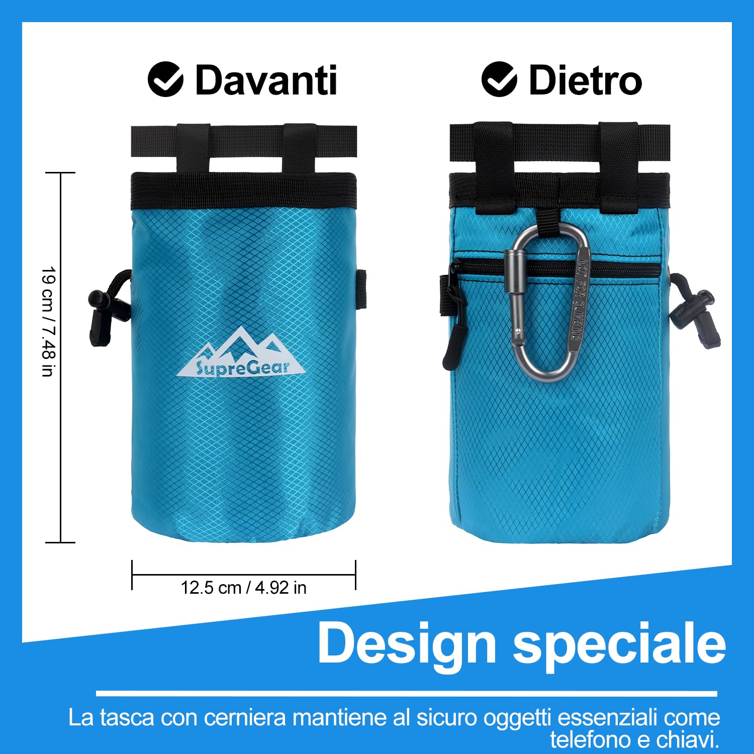 supregear Sacca per Gesso per Arrampicata su Roccia, Ampia Tasca con Cerniera E Portapennello, Chiusura A Cordino E Moschettone, Ideale per Bouldering, Sollevamento Pesi, Palestra