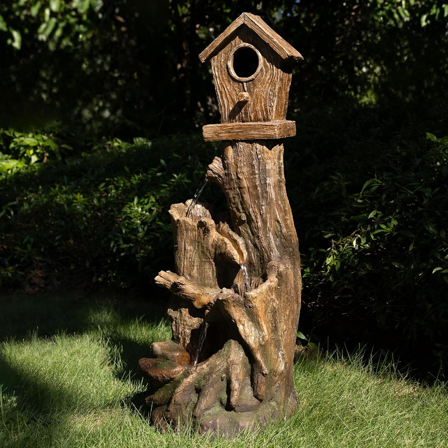 Outdoor Water Fountain with LED Lights Rustic Tree Stump Garden Fountain with Birdhouse Multi Tier Cascading Water Feature for Patio Backyard Lawn Entryway Resin Waterfall Decor 32 Inch