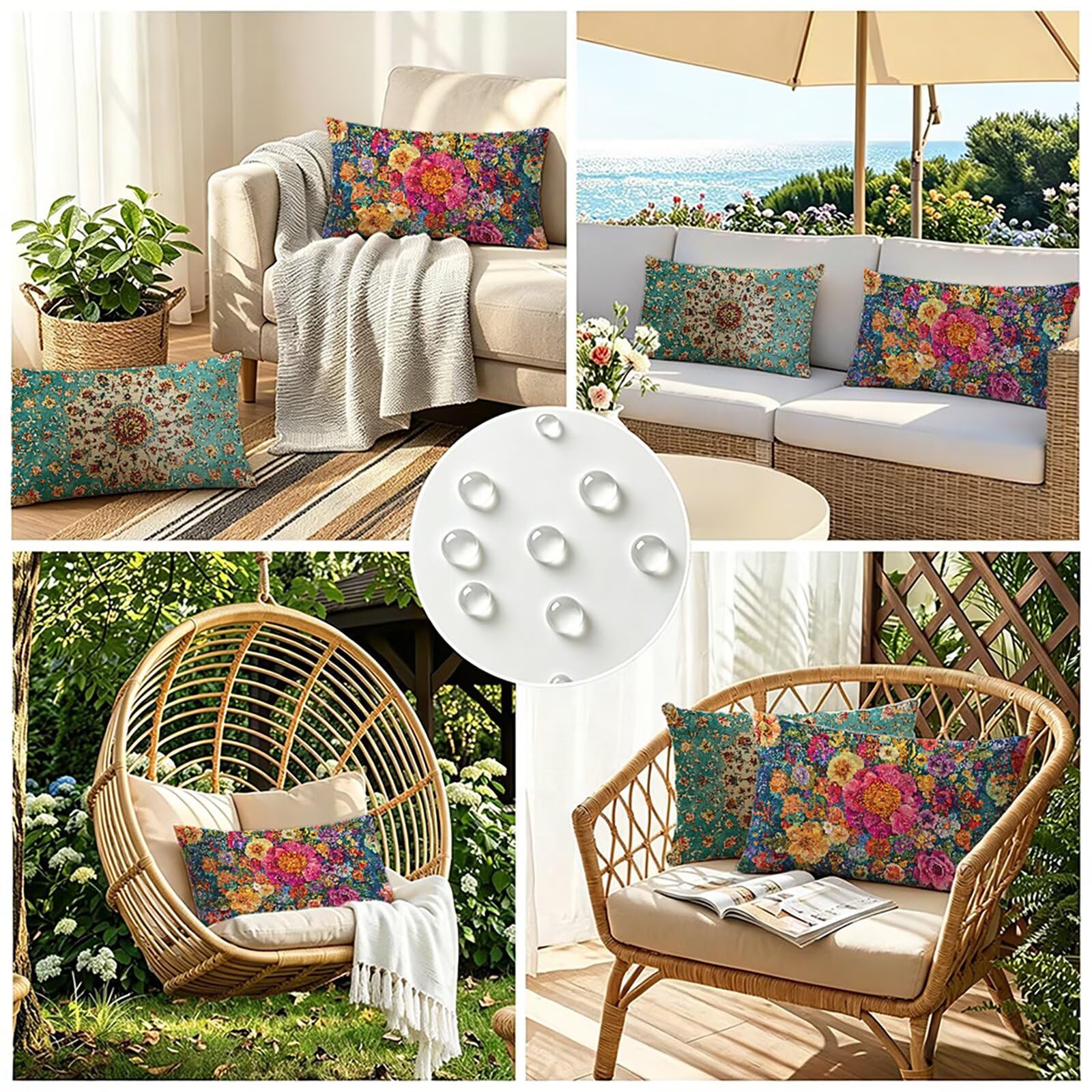 Kissenbezug 60 x 80 2er Set, Blau Rechteckig Zierkissenbezüge mit Versteckter Reißverschluss, Outdoor Wasserdicht Leinen Kissenhülle, Blume Kopfkissenbezug für Sofa Garten Schlafzimmer Deko J0-427
