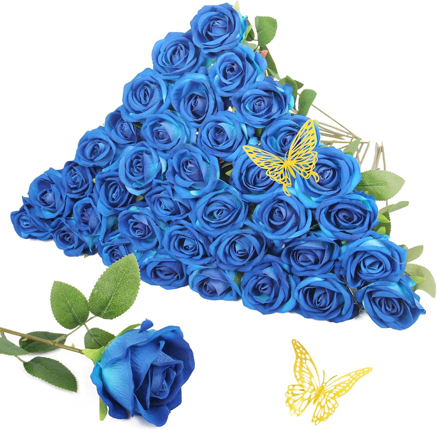 Blue Roses Artificial Flowers Velvet Silk Roses Fake Flowers Faux Artificial Roses Stem Bulk, 36Pcs Realistic Roses for Wedding Centerpieces Flower Arrangement Bridal Bouquet Home Decor