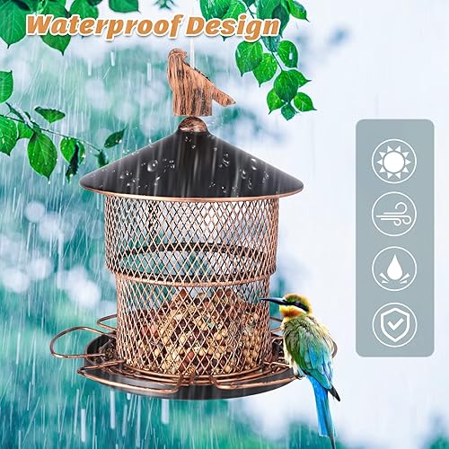 Miniatura 4 de Yinns Comederos para pájaros para colgar al aire libre, comederos metálicos de gran capacidad de semillas, comedero para pájaros salvajes con 6