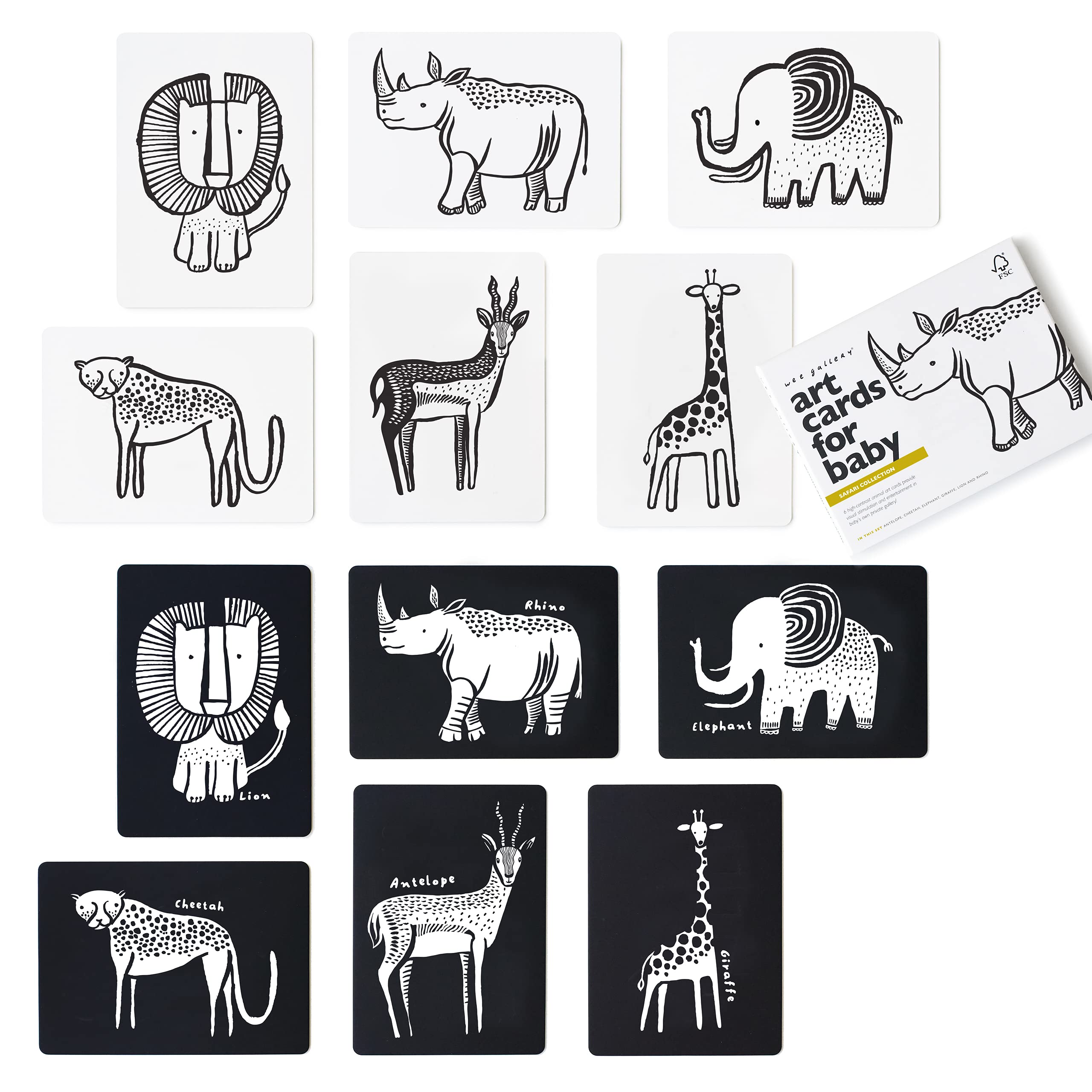 Wee Gallery High Contrast Cards for Baby - Black and White Safari Animals
