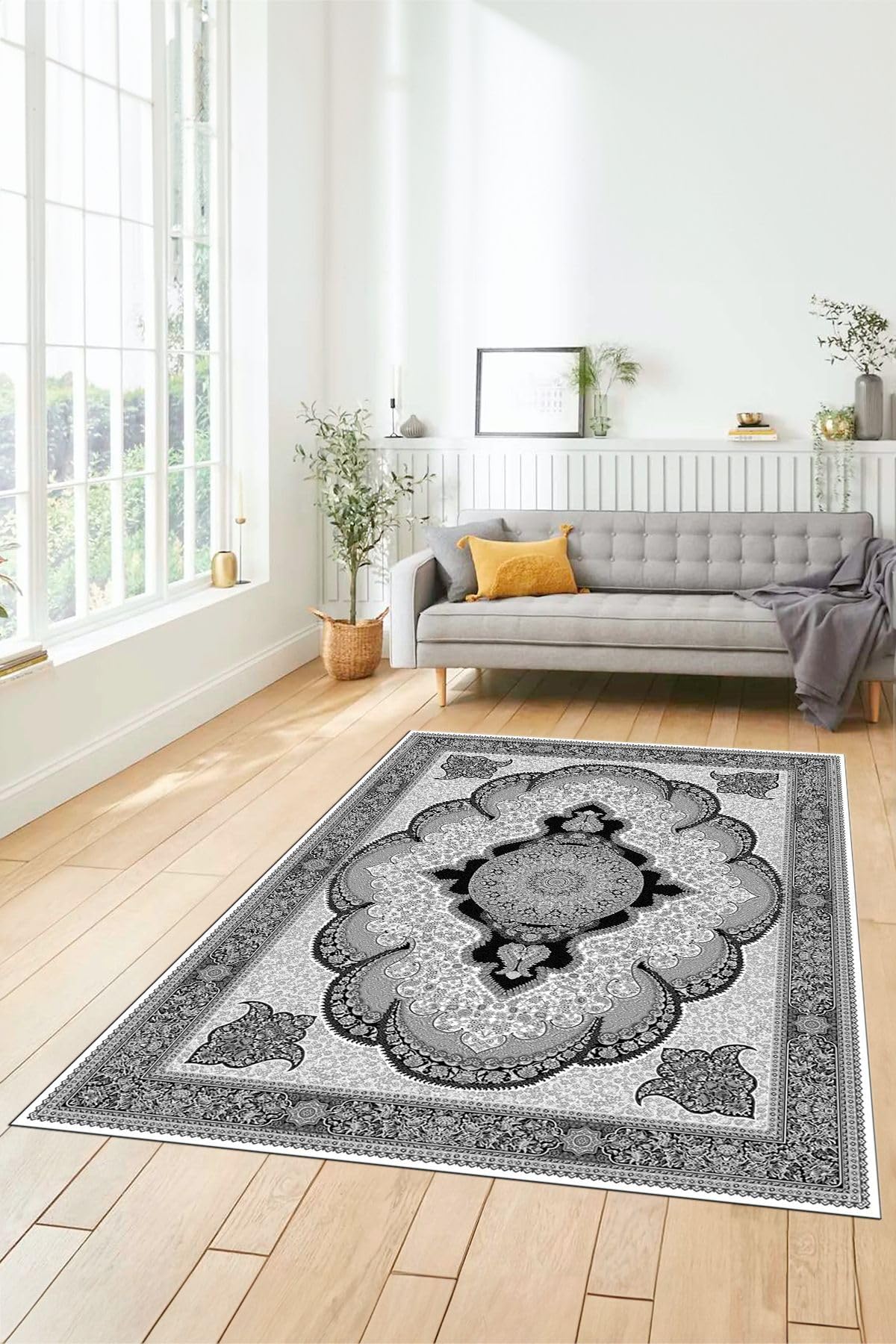 Evdeya Dijital Kaymaz Yıkanabilir Çerçeveli Göbekli Klasik Desen Salon Halısı KLASİK-02, Gri, 180 x 300