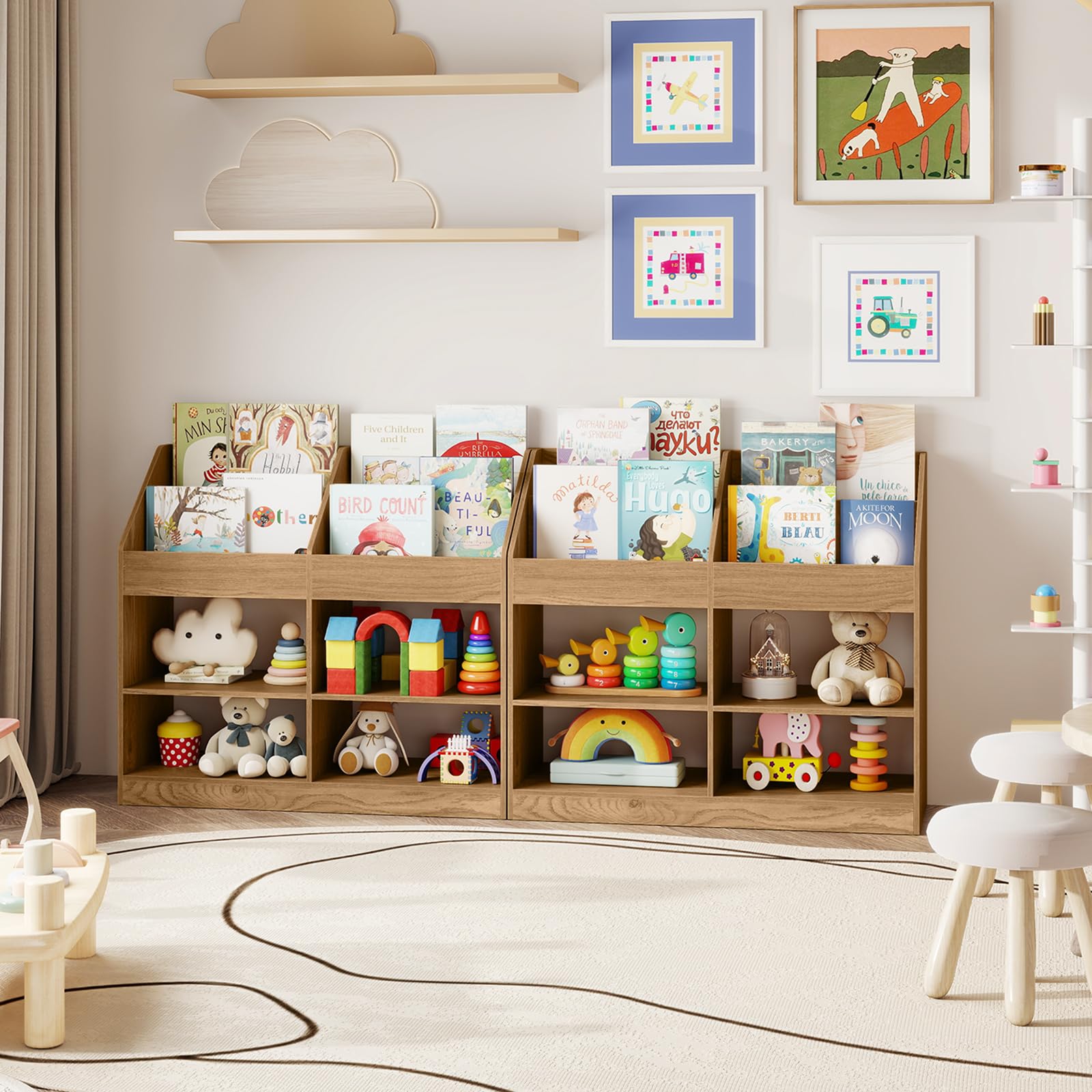 COSTWAY Libreria Montessoriana Porta Libri per Bambini, Scaffale Multifunzione con 4 Cubi e 4 Scomparti, Anti-ribaltamento, Salvaspazio per Cameretta e Stanza dei Giochi, 90x34x80 cm (Naturale)