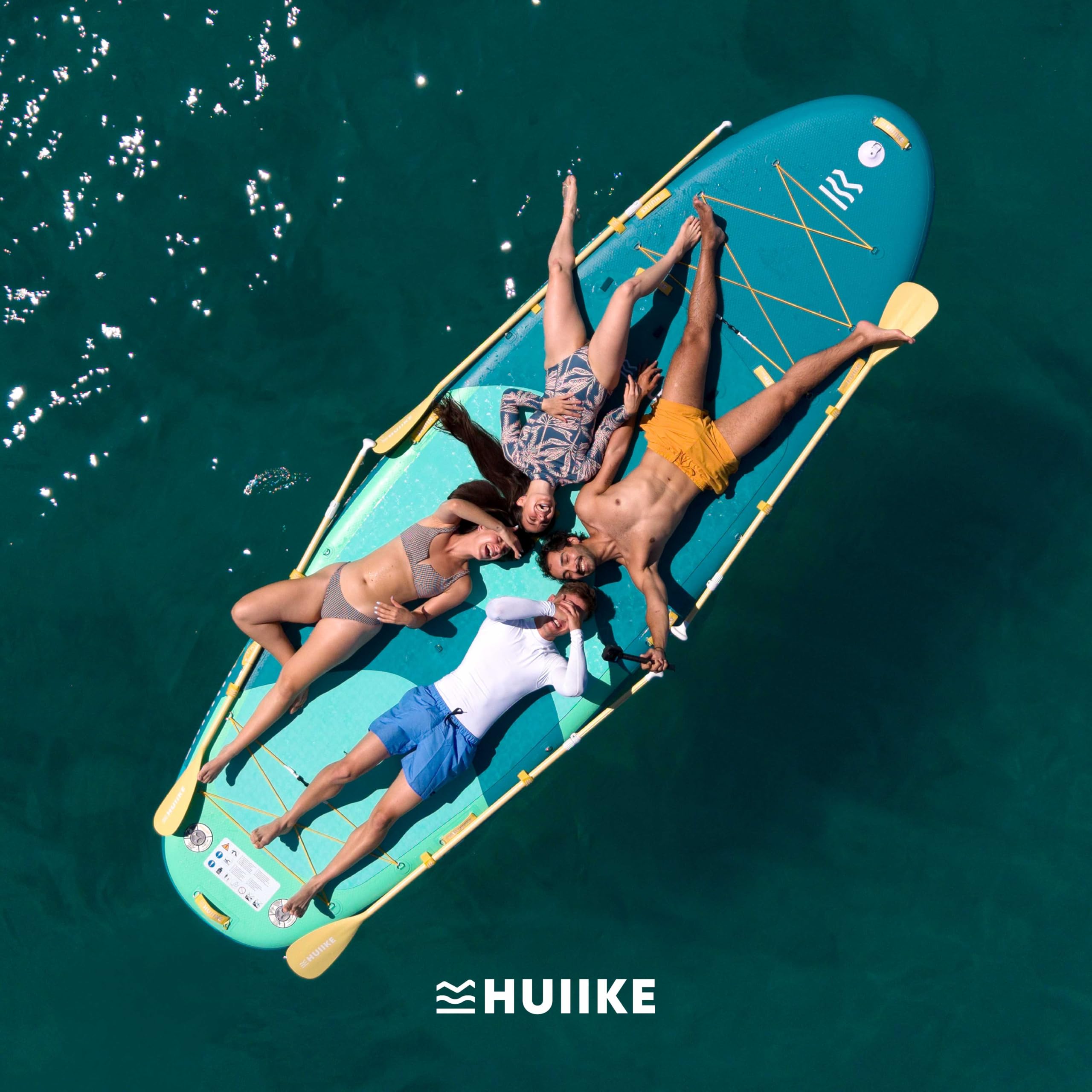 HUIIKE Stand Up Paddle Board 15' dla 4 Osób z Dołączone Akcesoria, 4 Wiosłami, 2 Pompkami, Statecznikami, Leash, Torbą. Pompowana Deska SUP Wysokiej Stabilności i Wytrzymałości. Udźwig 480 kg