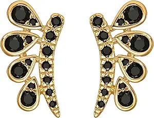 FETTERO Stud Earrings for Women - 14K Gold Plated CZ Hypoallergenic Earrings Studs Dainty Black CZ Leaf Gold Earrings for Women Trendy Statement Jewelry