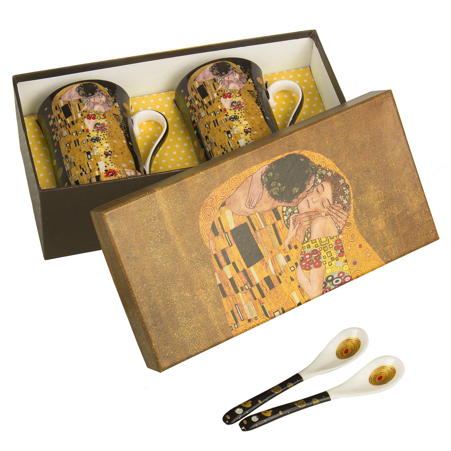 Queen Isabell Lot de 2 grandes tasses à café 250 ml avec cuillère « Le baiser » de Gustav Klimt Noir Idée cadeau en porcelaine