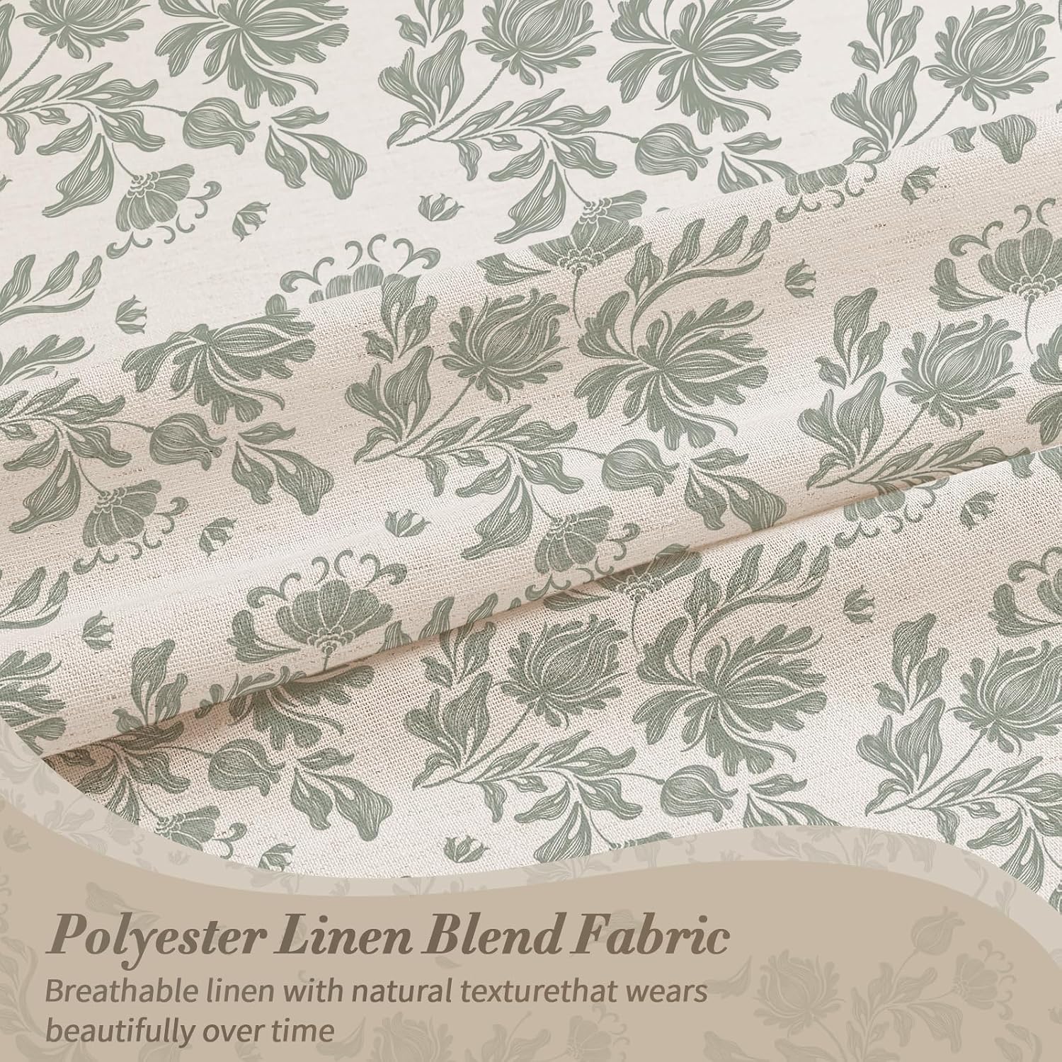 MitoVilla Sage Linen Farmhouse Shower Curtain, Vintage Boho Floral 72x72