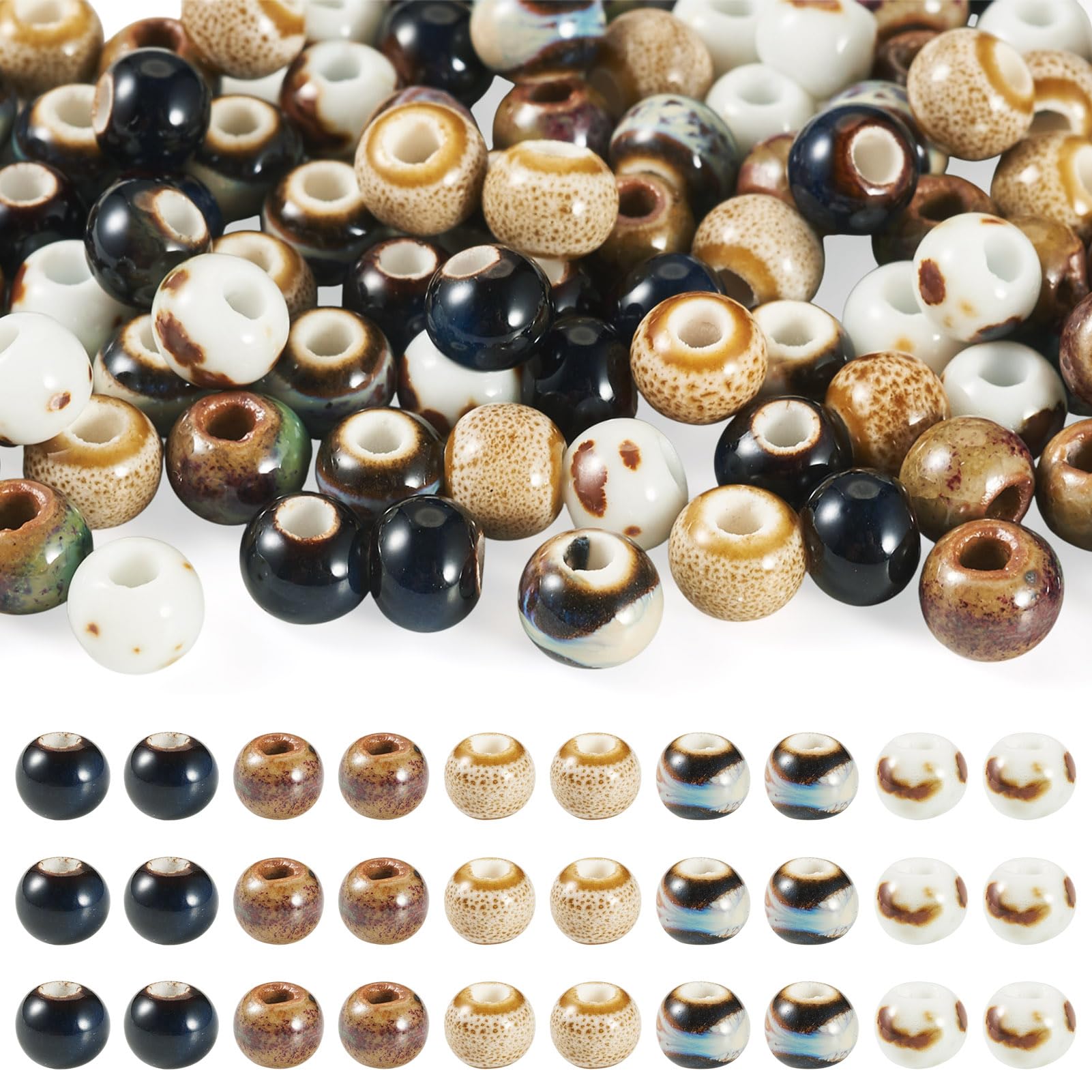Cheriswelry 100Pcs Round Porcelain Beads 6mm Handmade Glazed Printed Porcelain Spacer Beads Retro Loose Ceramic Bead for Jewelry Making Necklace Bracelet DIY Crafts