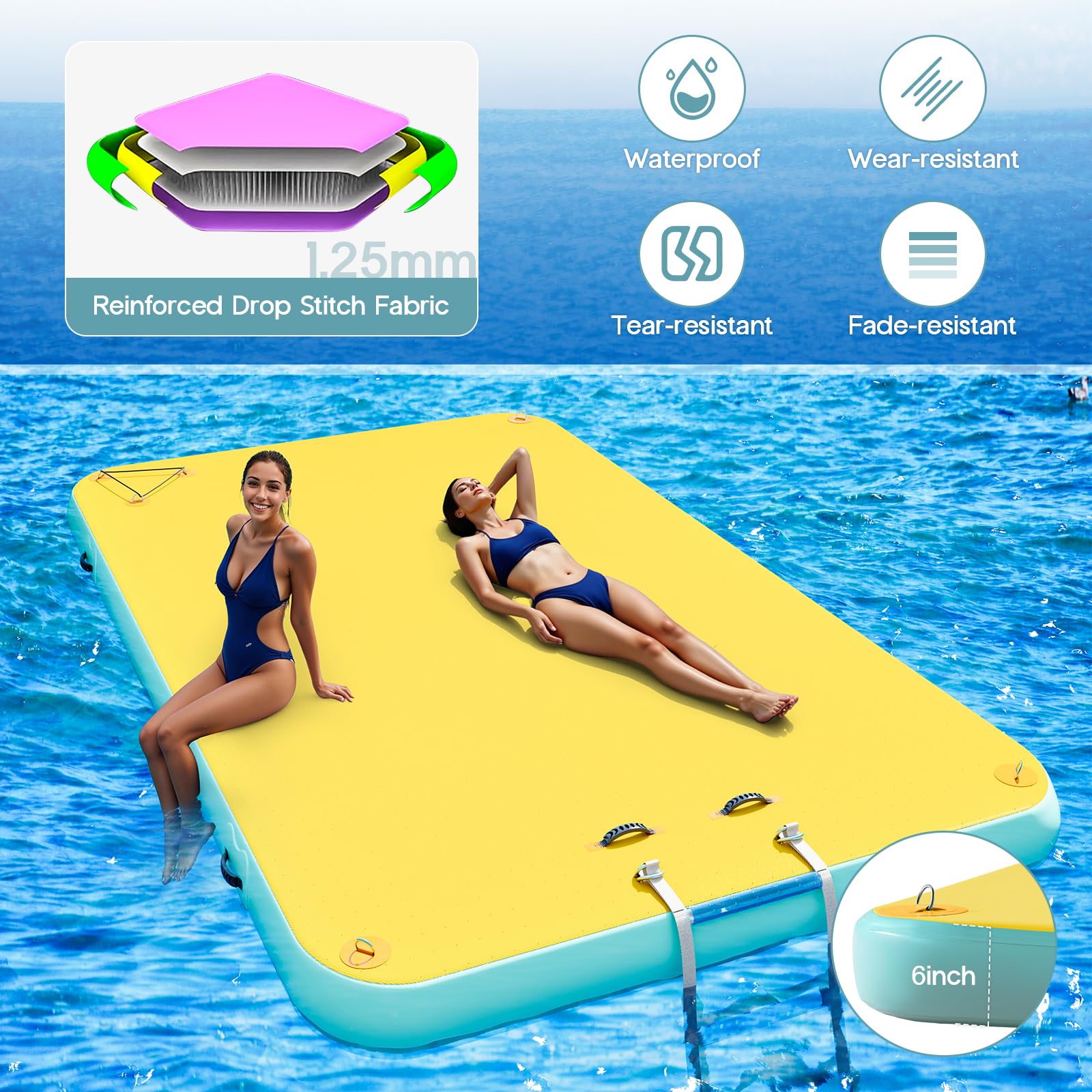 Specraft 10x6 ft Inflatable Floating Dock with Non-Slip Surface, Detachable Ladder, Multi-Person Swim Platform for Pool, Beach, Ocean, Yellow+Mint Green