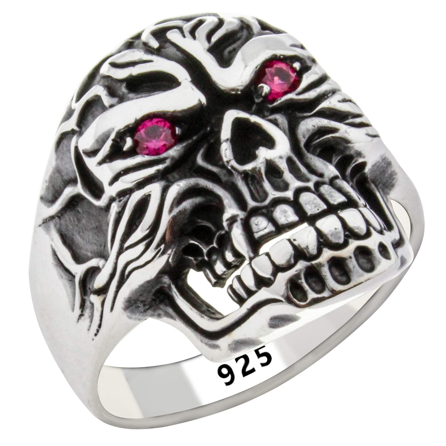 Babylon SilverSolid 925 Sterling Silver Ruby Color Red Eyes Retro Gothic Biker Skull Luxury Men's Ring