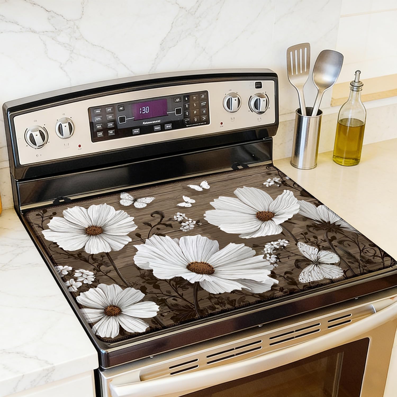 Vintage Flower Electric Stove Top Cover Protector,Glass Top Gas Stove Pad Heat Resistant Range Cooktop Mat for Kitchen 28"x20"
