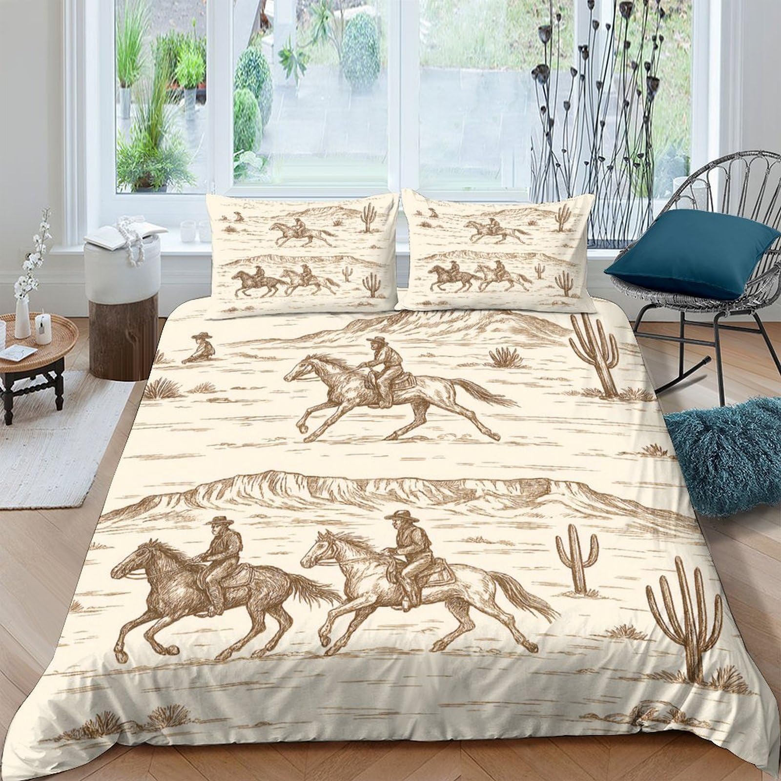 Ctjqhvkz Style-3 3D Printed Cowboy Desert Fitted Sheet Microfiber Soft Brown Horse Cactus Mattress Cover For Bedroom Guest Room Decor Single（135X200cm）