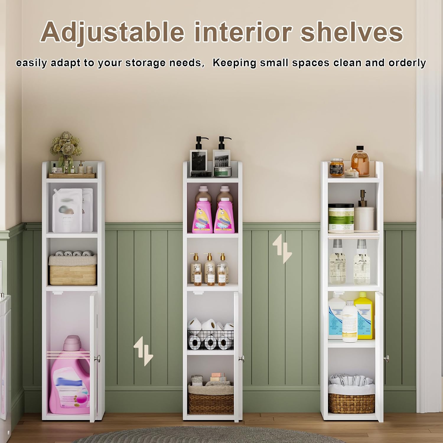 ChooChoo Small Bathroom Storage Cabinet, 7.1“W * 7.9”D Corner Floor Cabinet with Door and Adjustable Shelf, Narrow Toilet Paper Cabinets, Slim Bathroom Organizers for Small Spaces and Bathroom, White