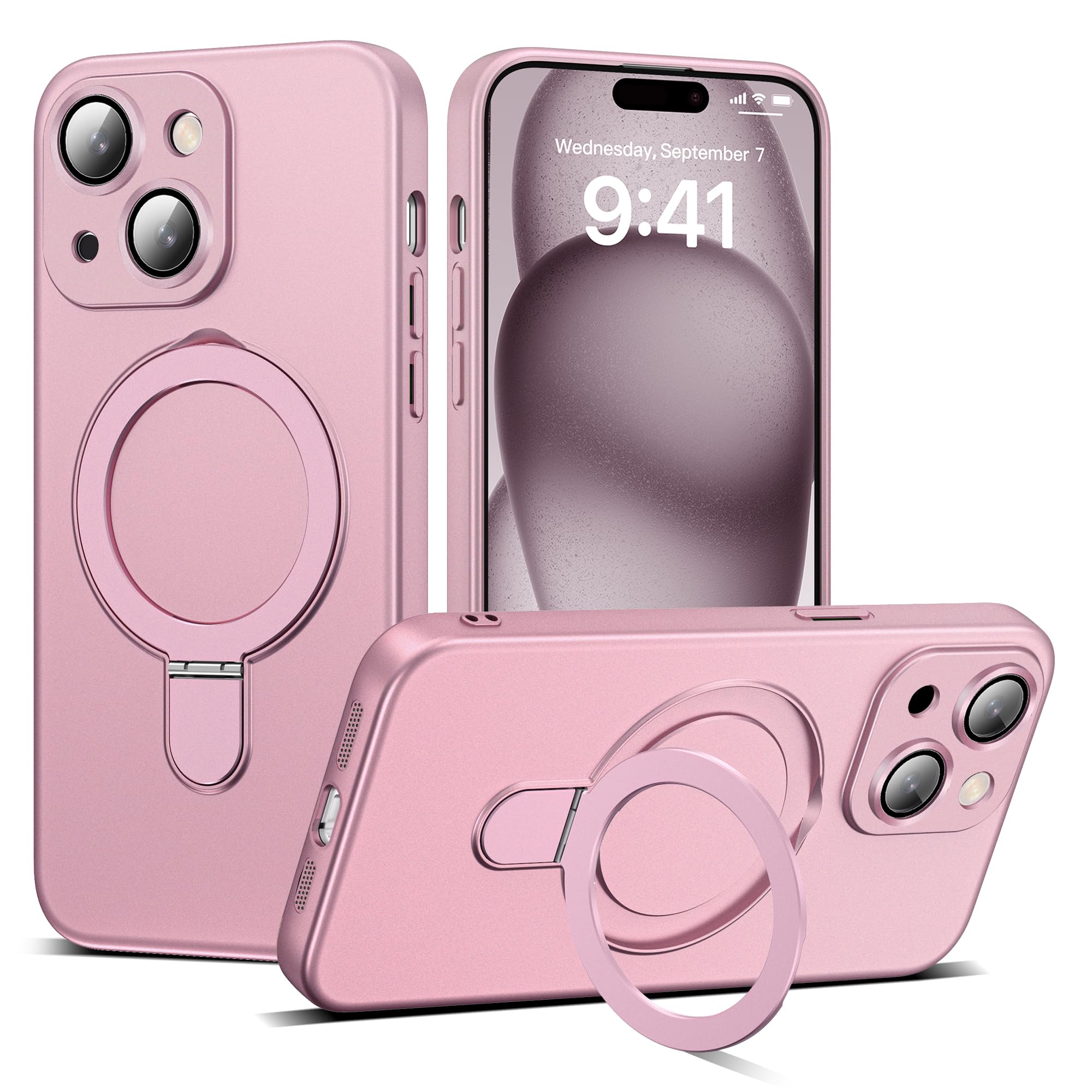 Photo 1 of ETPESOK Compatible with iPhone 15 Pro Max Case with Magnetic Ring Stand [Compatible with Mag-Safe] [Full Camera Lens Protector] Soft Plating Phone Case for iPhone 15 Pro Max 6.7", Rose Gold
