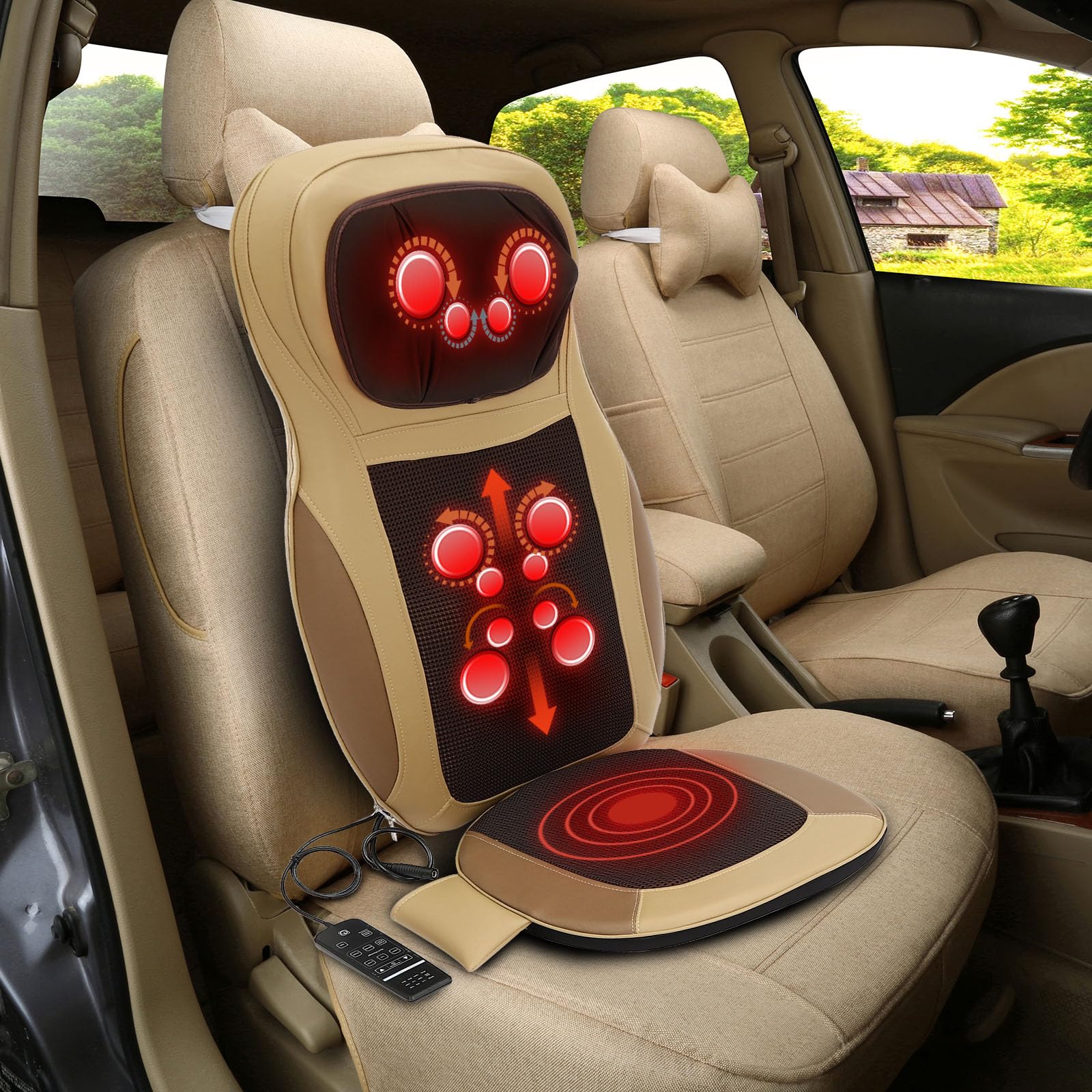 Tiefenmassage Rollmassage 1.5-1.9m Massages-Kissen 48W Massages-Stuhl-Pad mit 8 Rotations-Köpfen 3 Modi 3 Intensitäten Zonen-Steuerung, Sitz-Kissen für Auto & Büro Ganzkörper-Relax, Beige