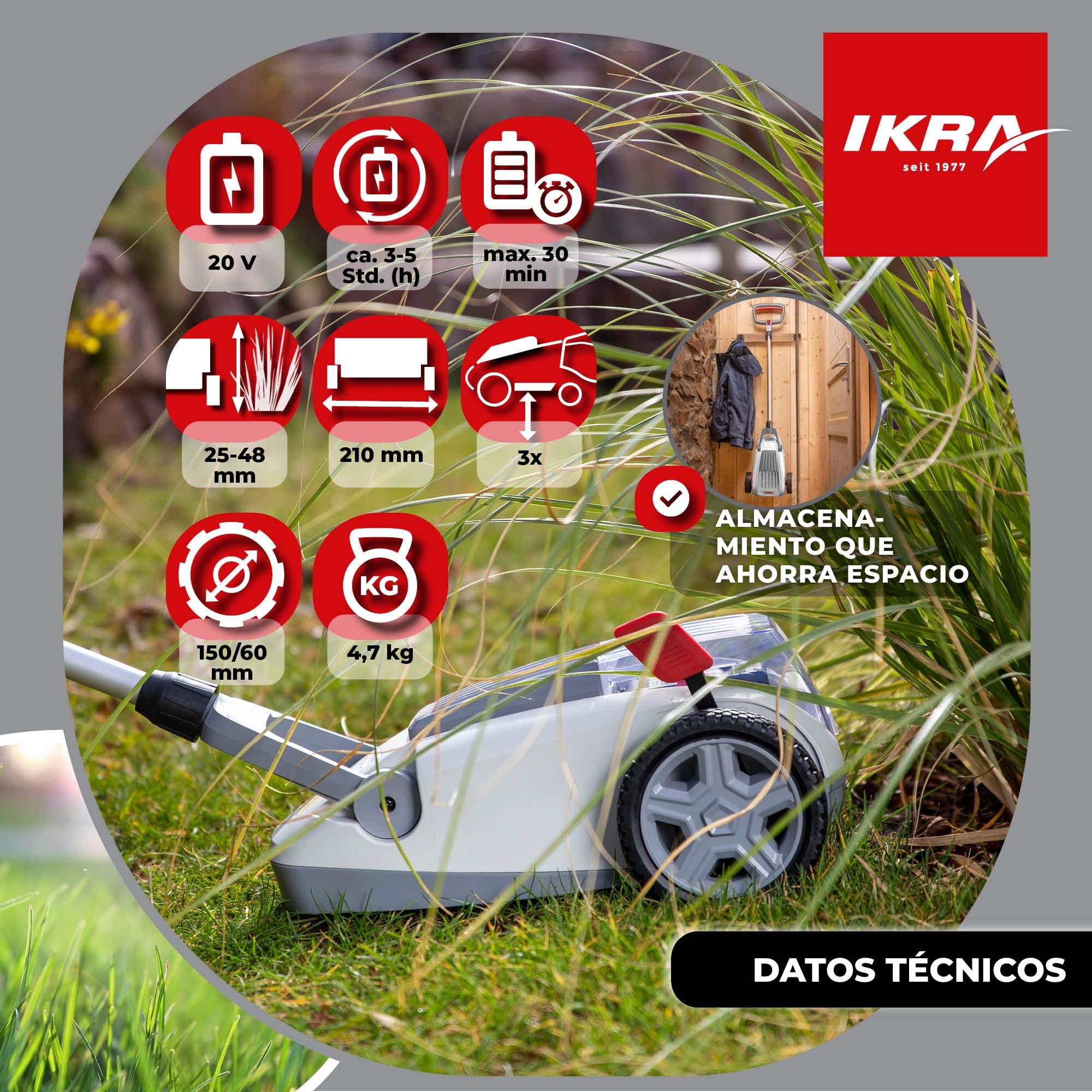 IKRA cortacésped ICHM 20, con cuchilla de repuesto, 2 baterías y cargador | Con función de mulching, recomendado para 50 m², ancho de corte de 21cm, altura de corte de 25-48mm, gama de 20V de IKRA