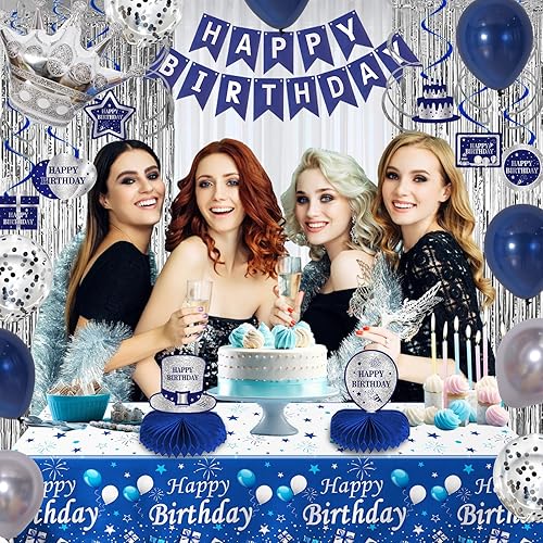 Miniatura 5 de Decoraciones de cumpleaños azules y plateadas para hombres, niños y mujeres, decoraciones de feliz cumpleaños, pancarta, centros de mesa de panal de