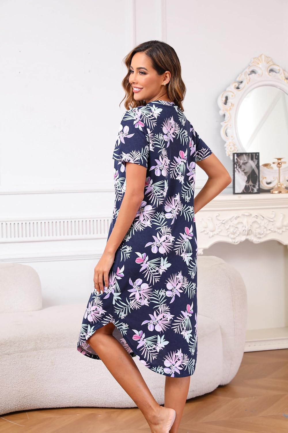 PNAEONG Women Short Sleeve Long Nightgown Soft Cotton Sleepwear Nightshirts Loungewear with Pockets - Image 2